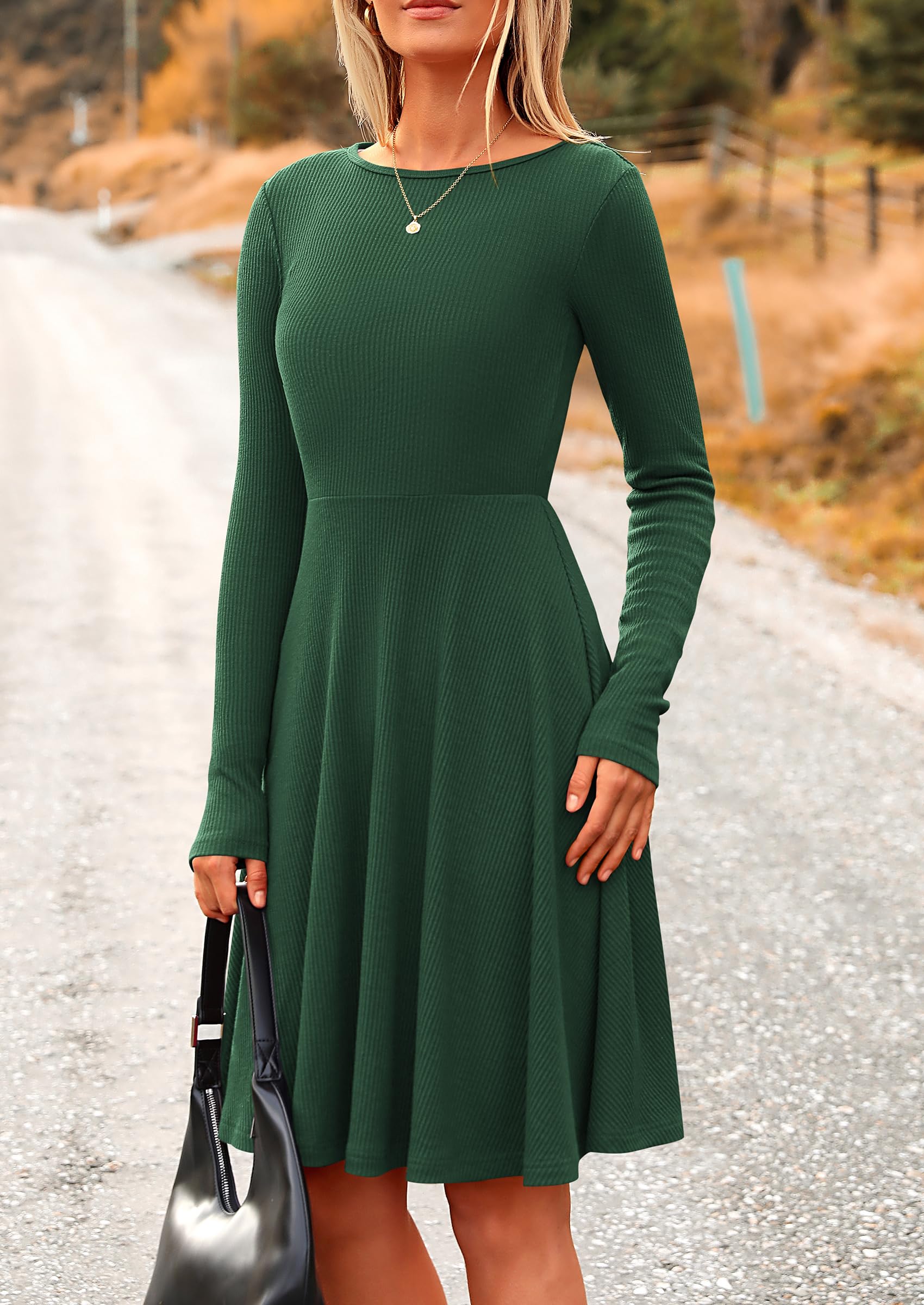 Women's Fall Casual Long Sleeve Short Dress (Dark Green,S)