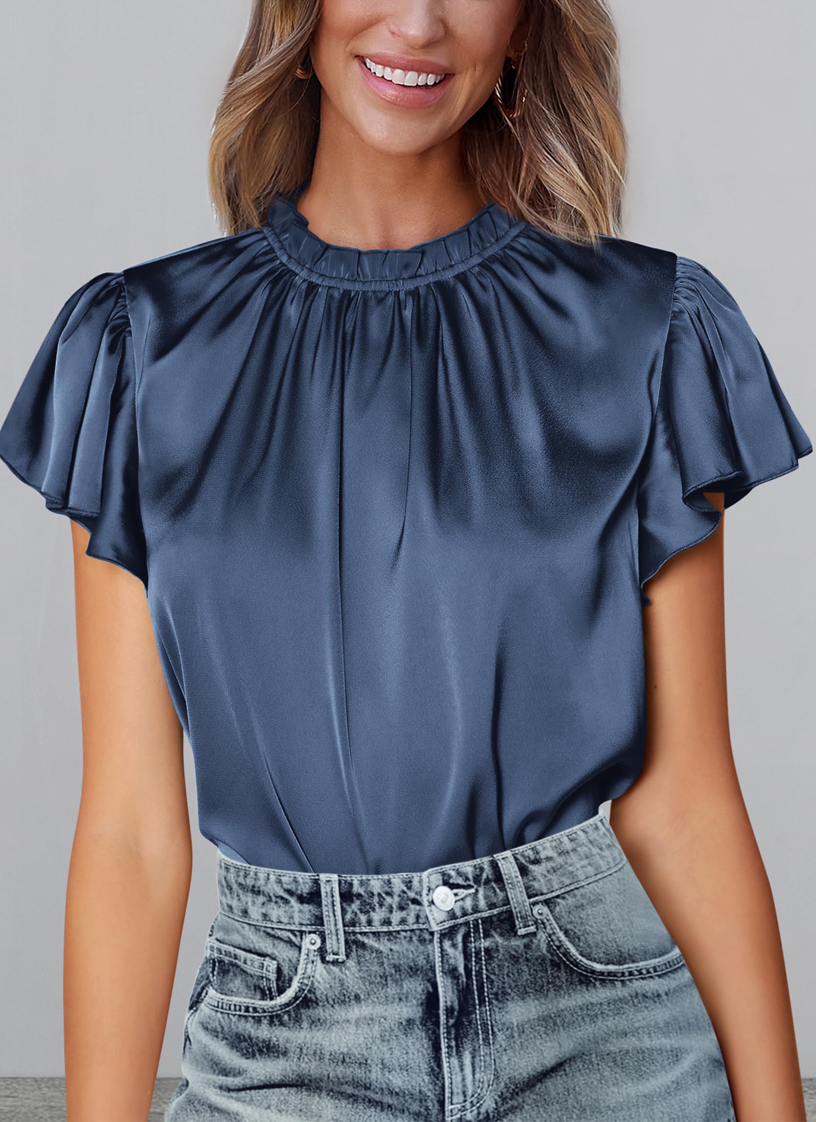 Women's Satin Tops Business Casual Work Blouses, Grey Blue,M