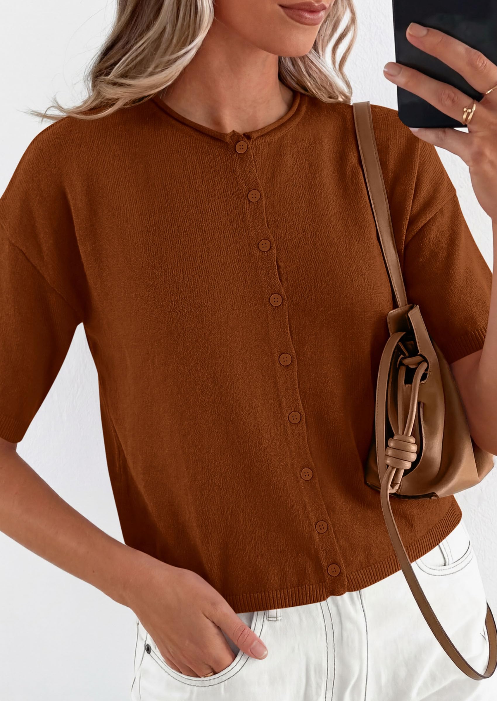 Women's Short Sleeve Cardigan Sweaters (Brown,Small)