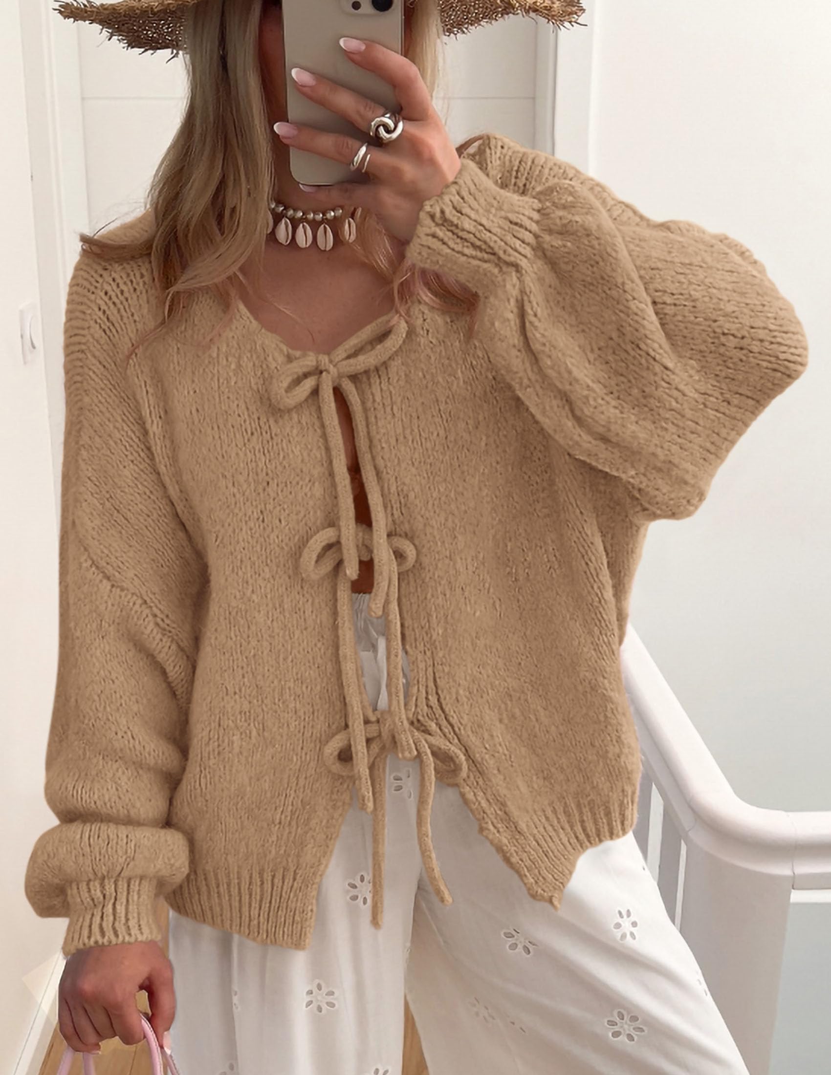 Women's Tie Front Bow Cardigan Sweaters(Camel,Small)