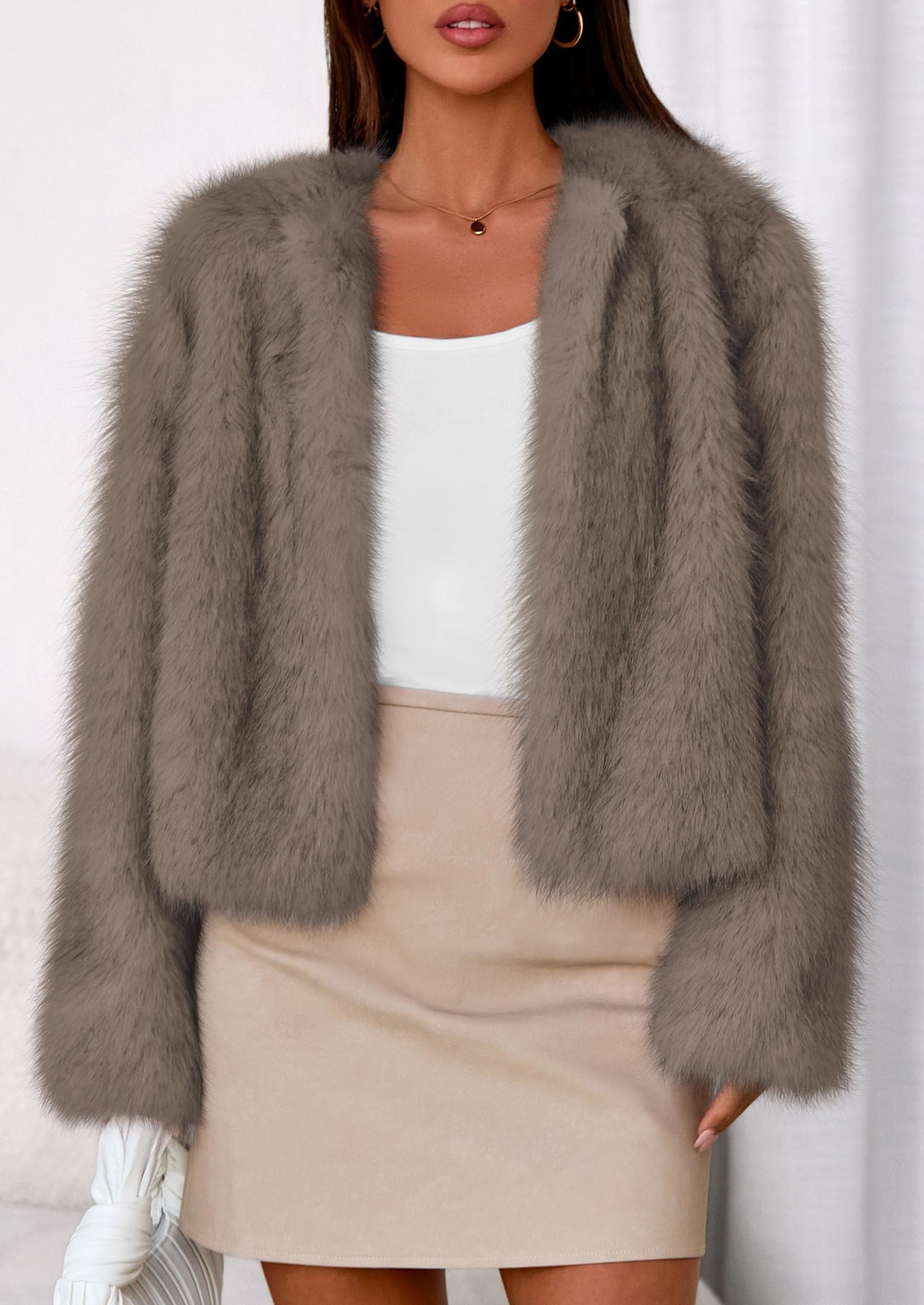 Womens Winter Coats Open Front Faux Fur Jacket,Taupe,XXL