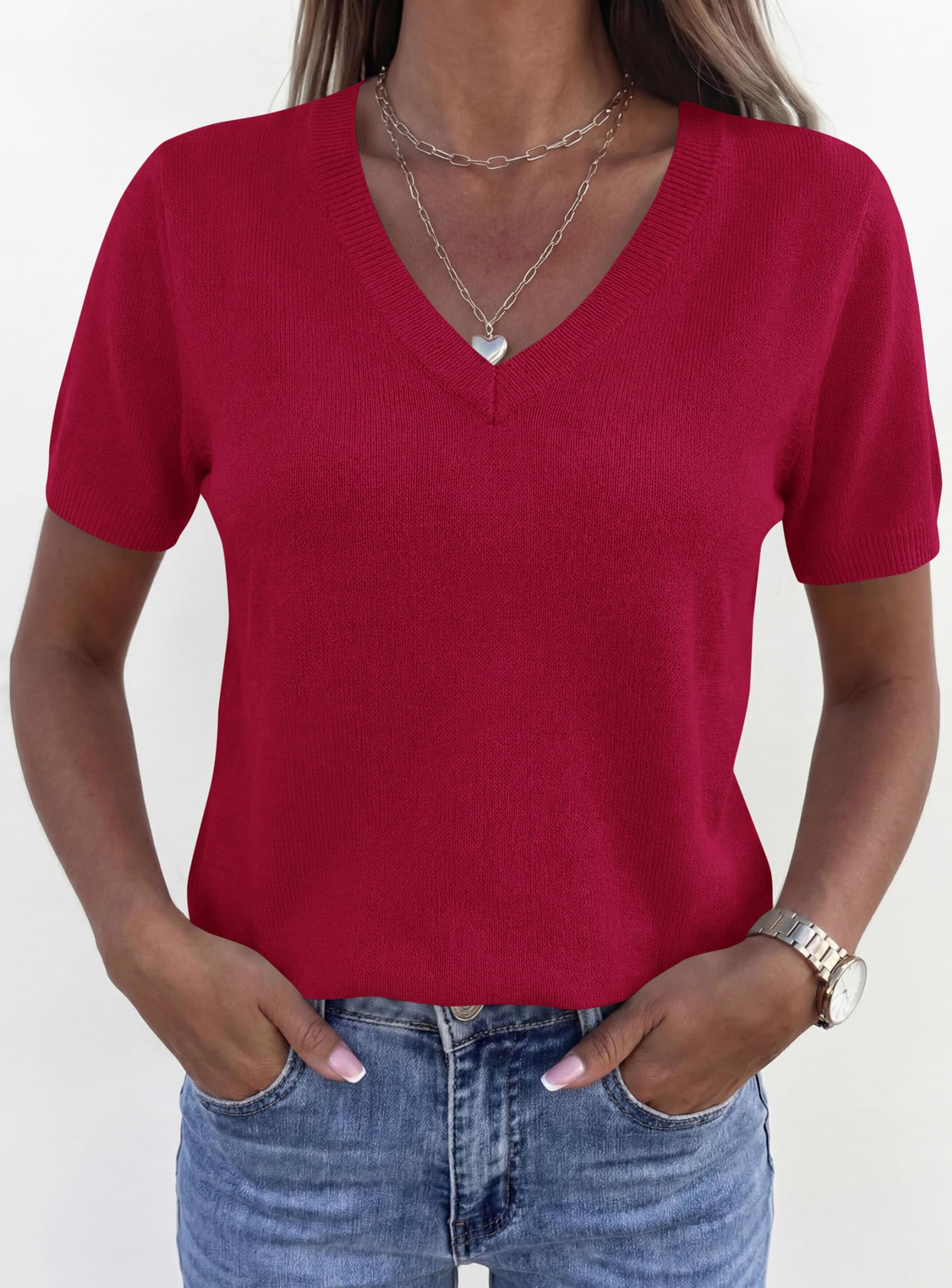 Womens Short Sleeve Sweater V Neck Tops,Red,S