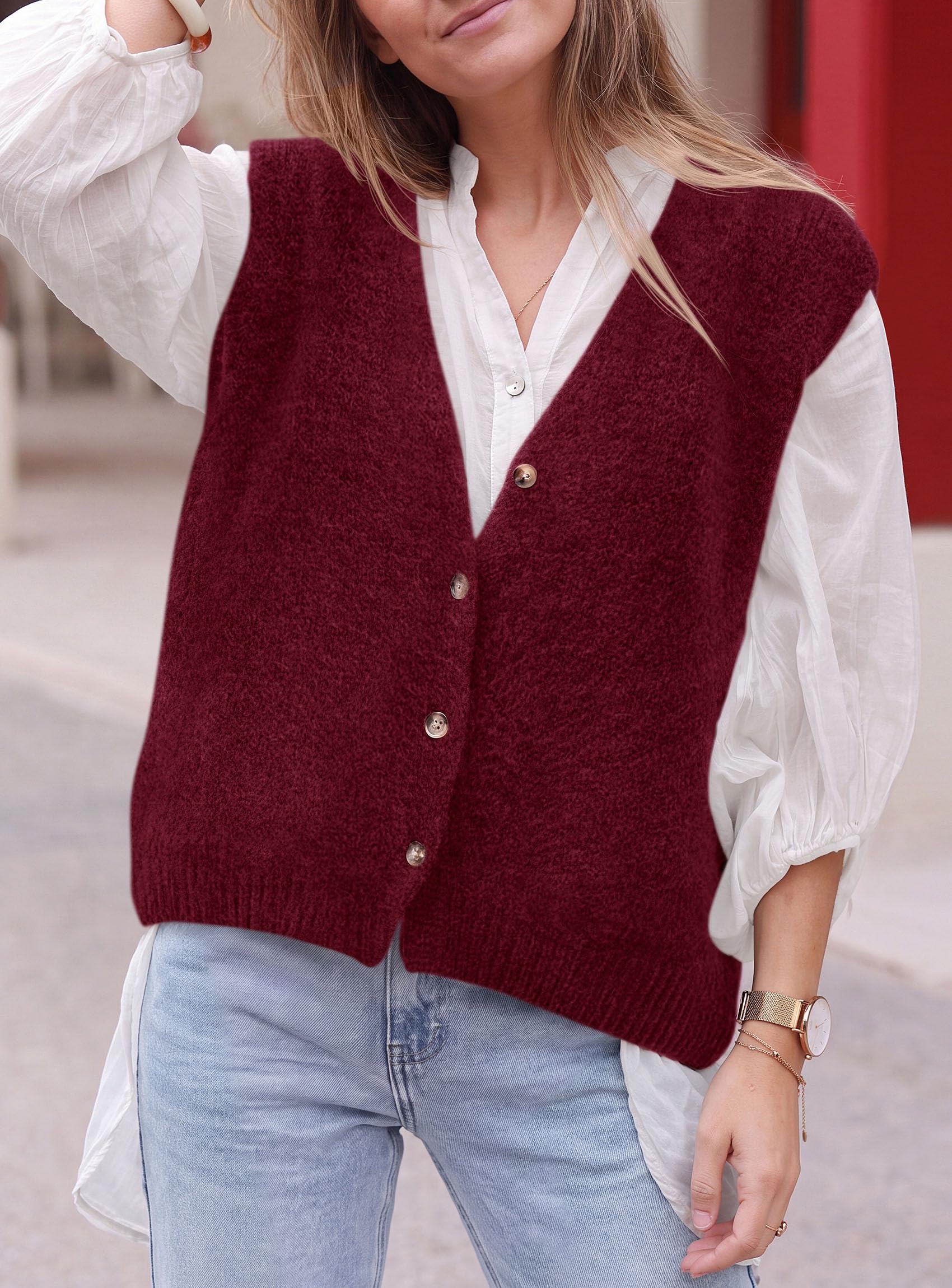 Womens Fall Sleeveless Button Down Sweater Vest,Wine Red,M