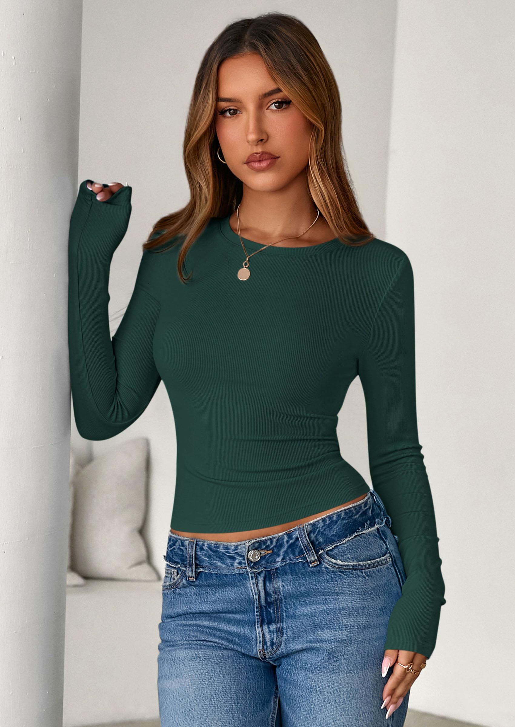 Women's Fall Long Sleeve Shirts Basic Tees (Dark Green,XS)