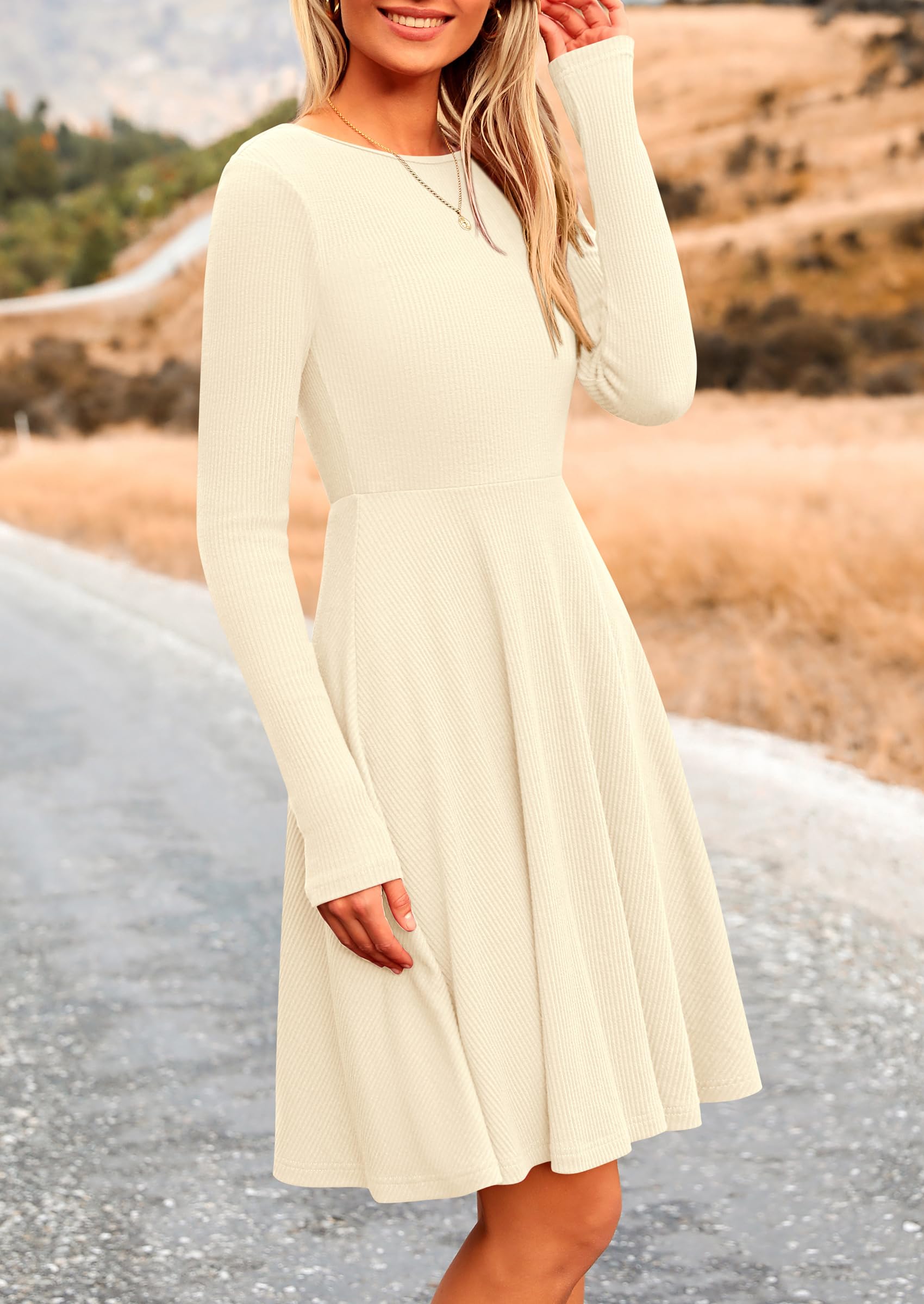 Women's Fall Casual Long Sleeve Short Dress (Beige,S)
