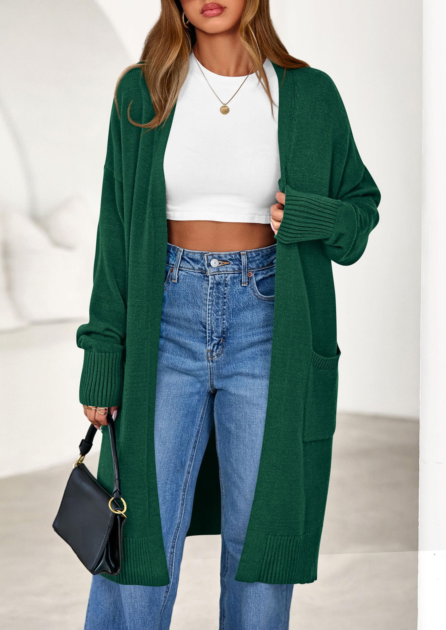 Women's Oversized Open Front Long Knit Cardigan,Green,S