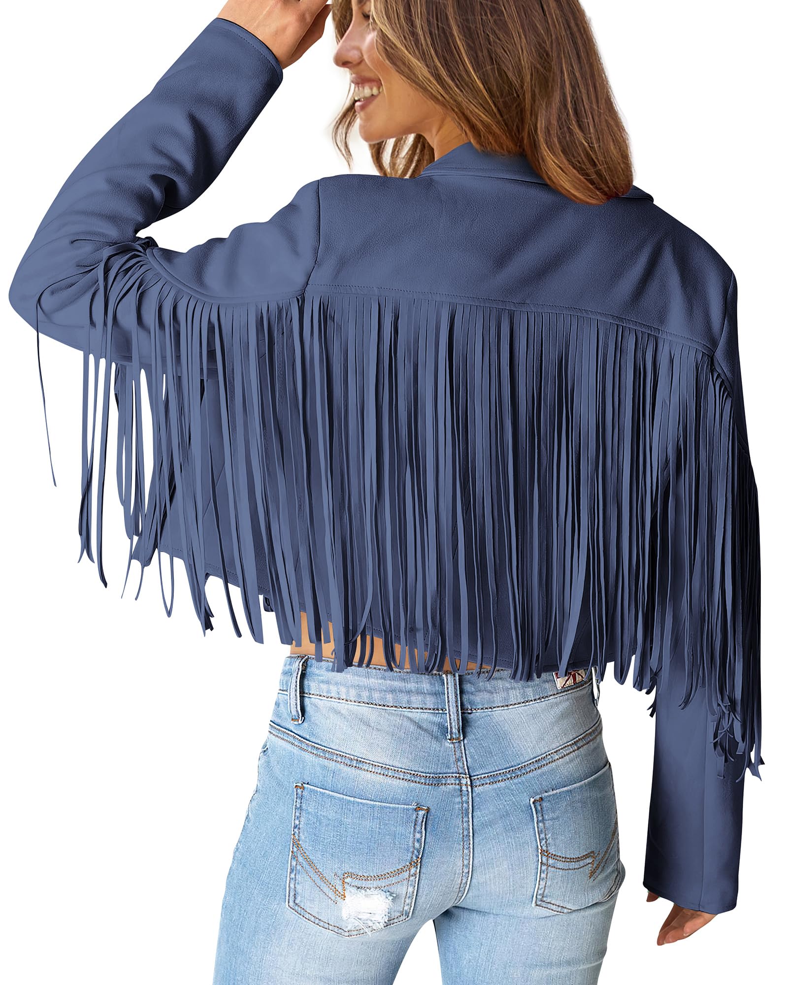 Women's Fringe Faux Suede Leather Jackets,Haze Blue,S