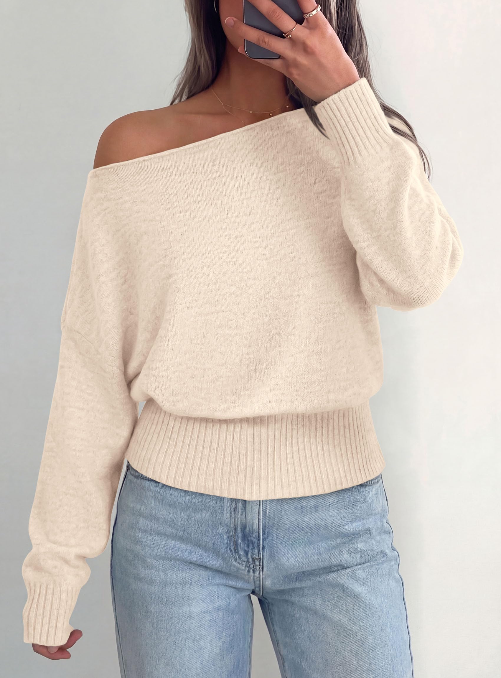 Womens Off The Shoulder Sweater Fall Fashion,Beige,S