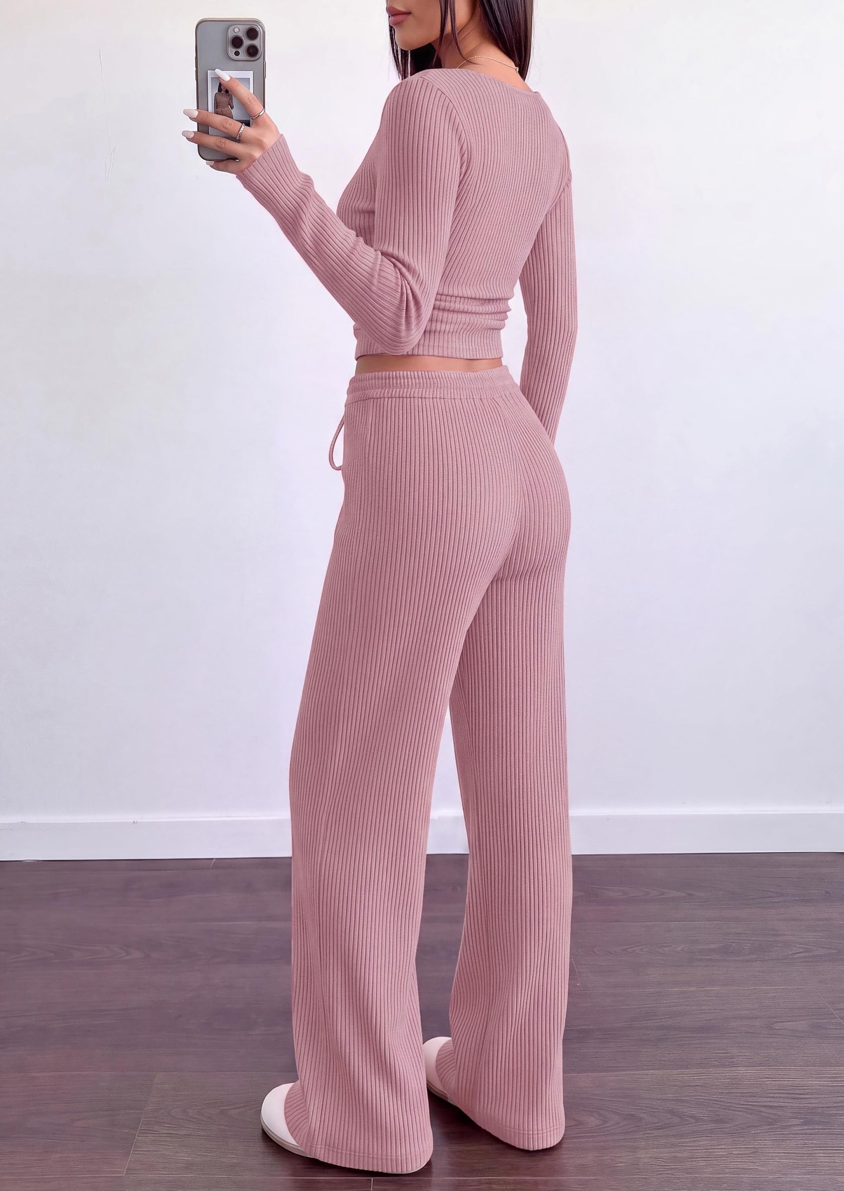 Matching Sets Women Clothing Fall Ribbed 2 Piece Lounge Set