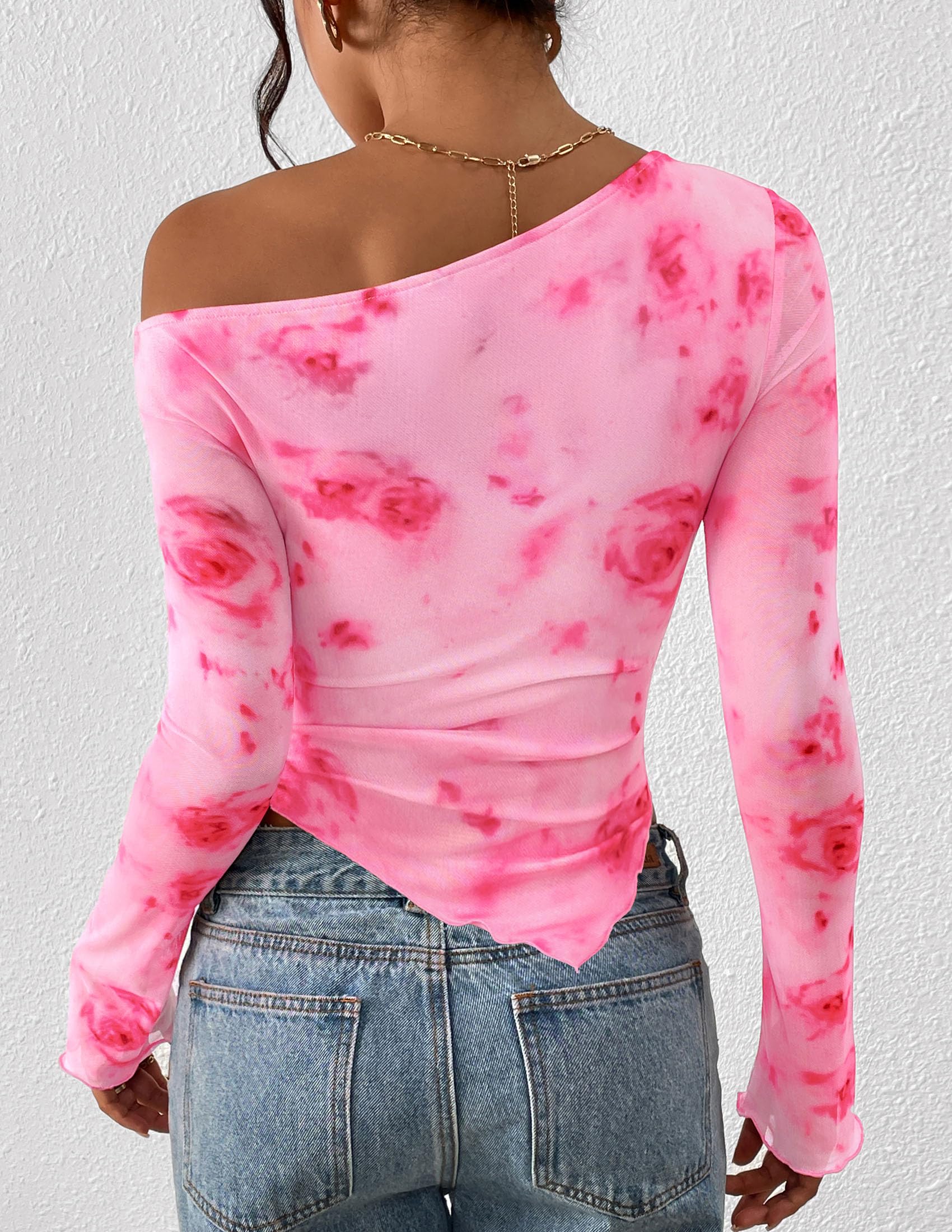 Womens Off Shoulder Mesh Y2k Tops,Floral Pink Red,XS