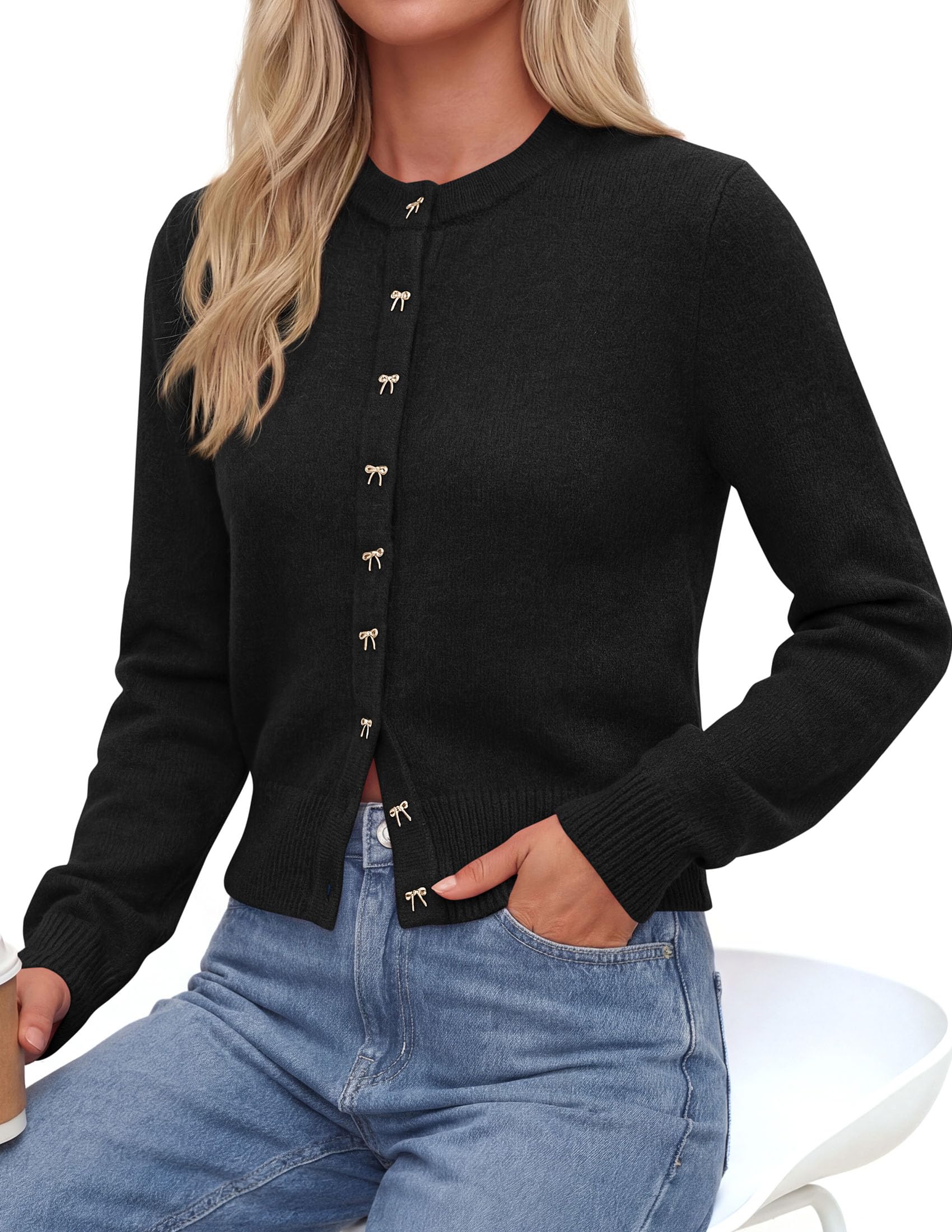 Cardigan Sweaters for Women Cropped Bow Button Up Cardigan