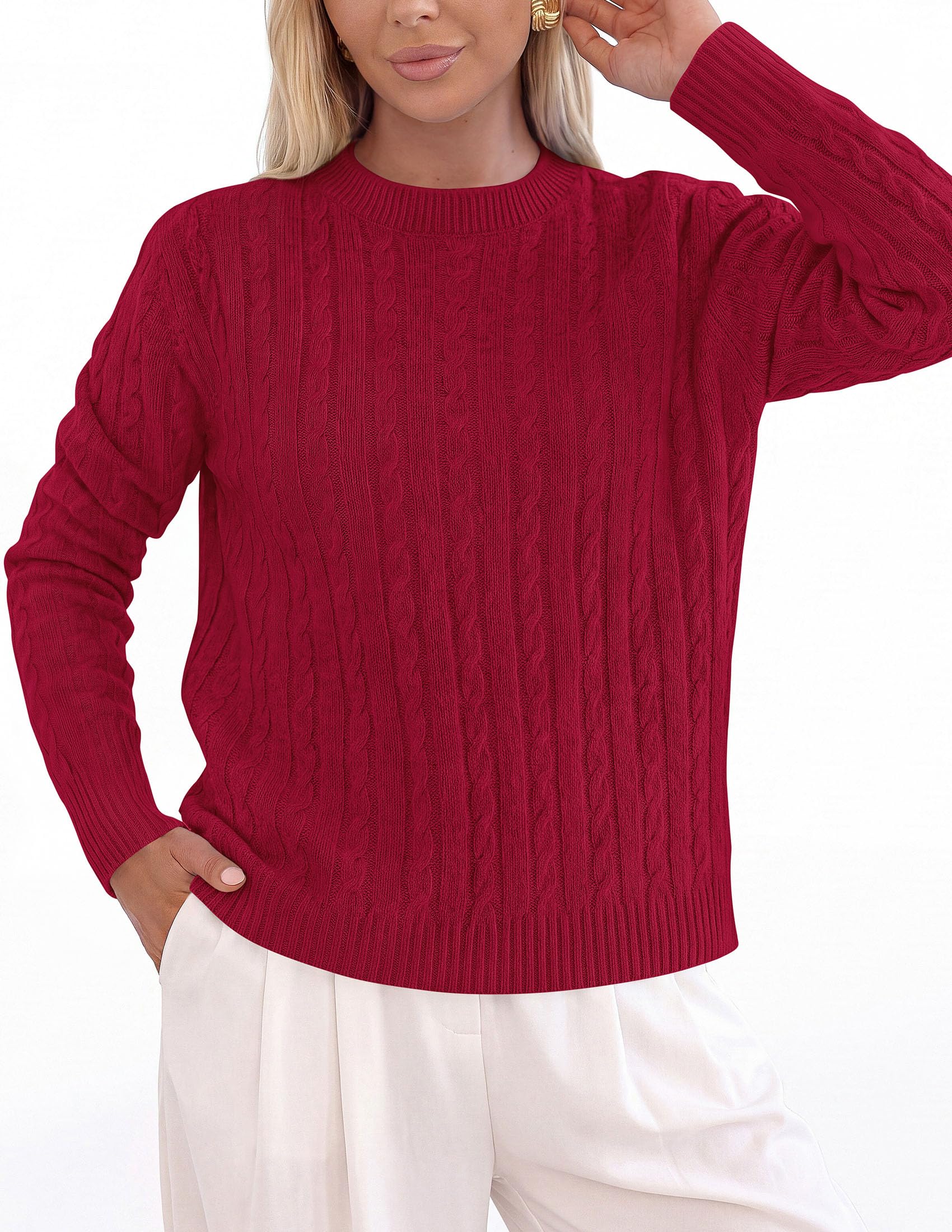 Womens Cable Knit Crewneck Fall Sweater Long Sleeve Tops 2026