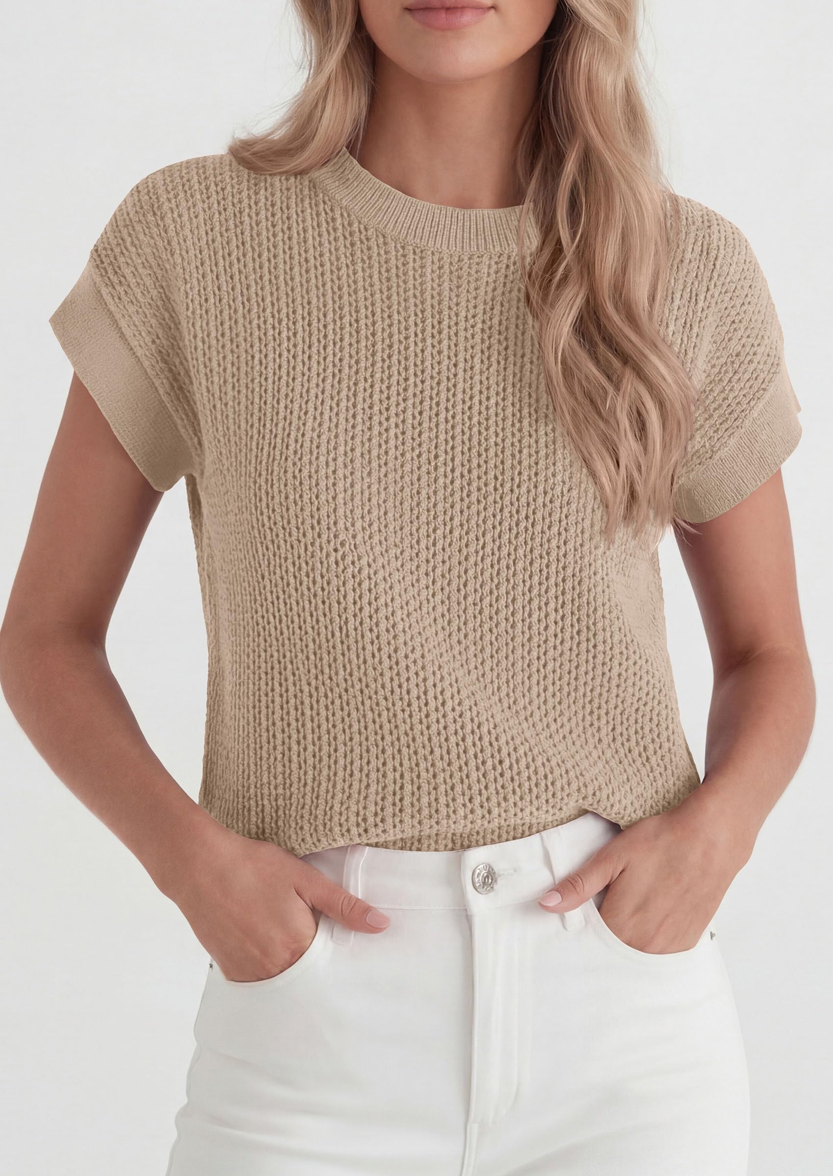 Women's Summer Sweater Vest Crochet Tops (Khaki,S)