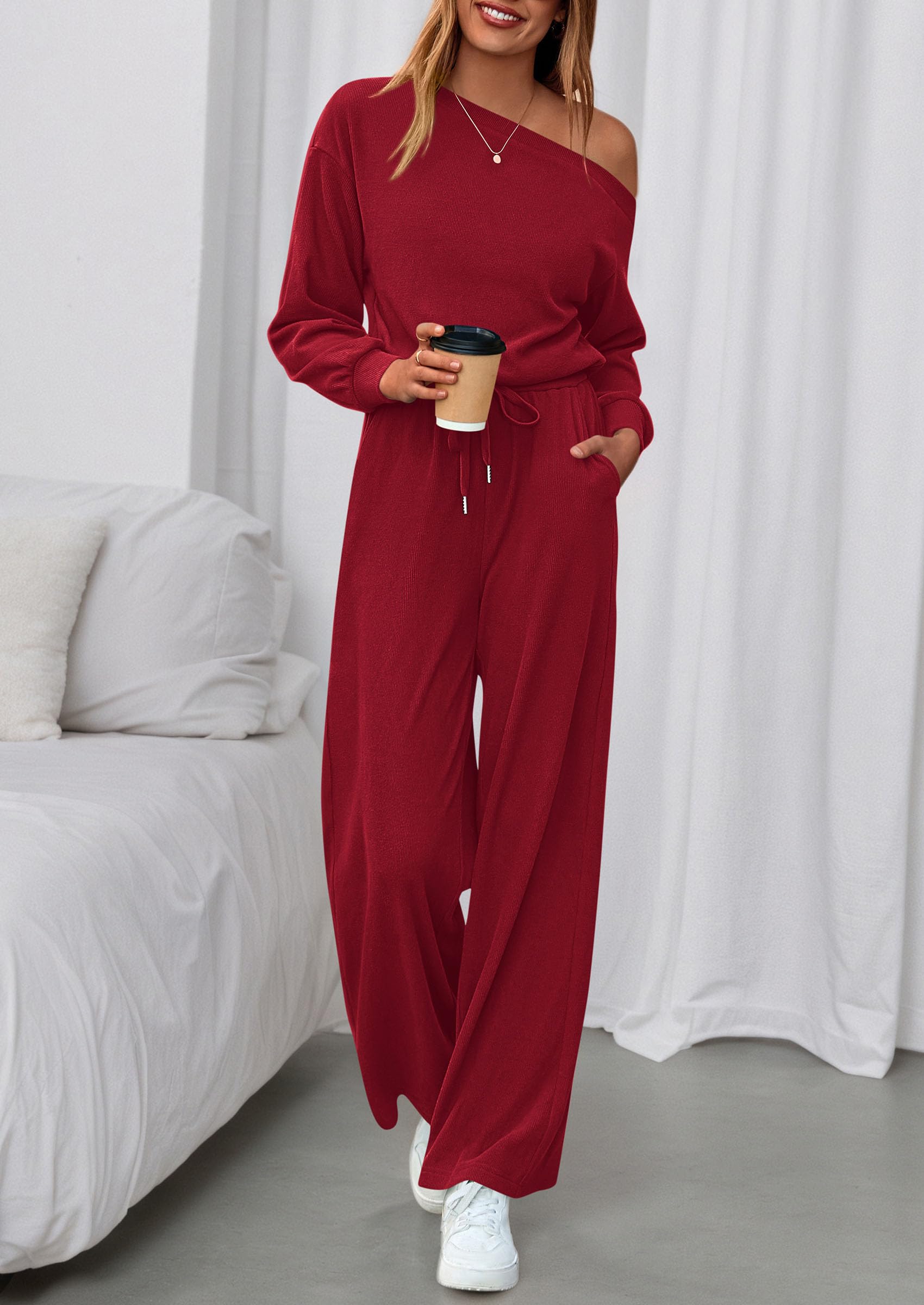 Womens Off Shoulder Long Sleeve Jumpsuit,Wine Red,S