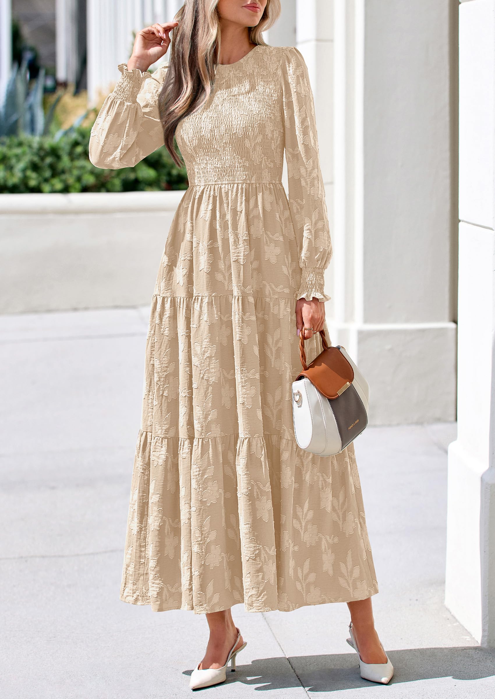 Fall Floral Long Sleeve Wedding Guest Dress for Women Pockets