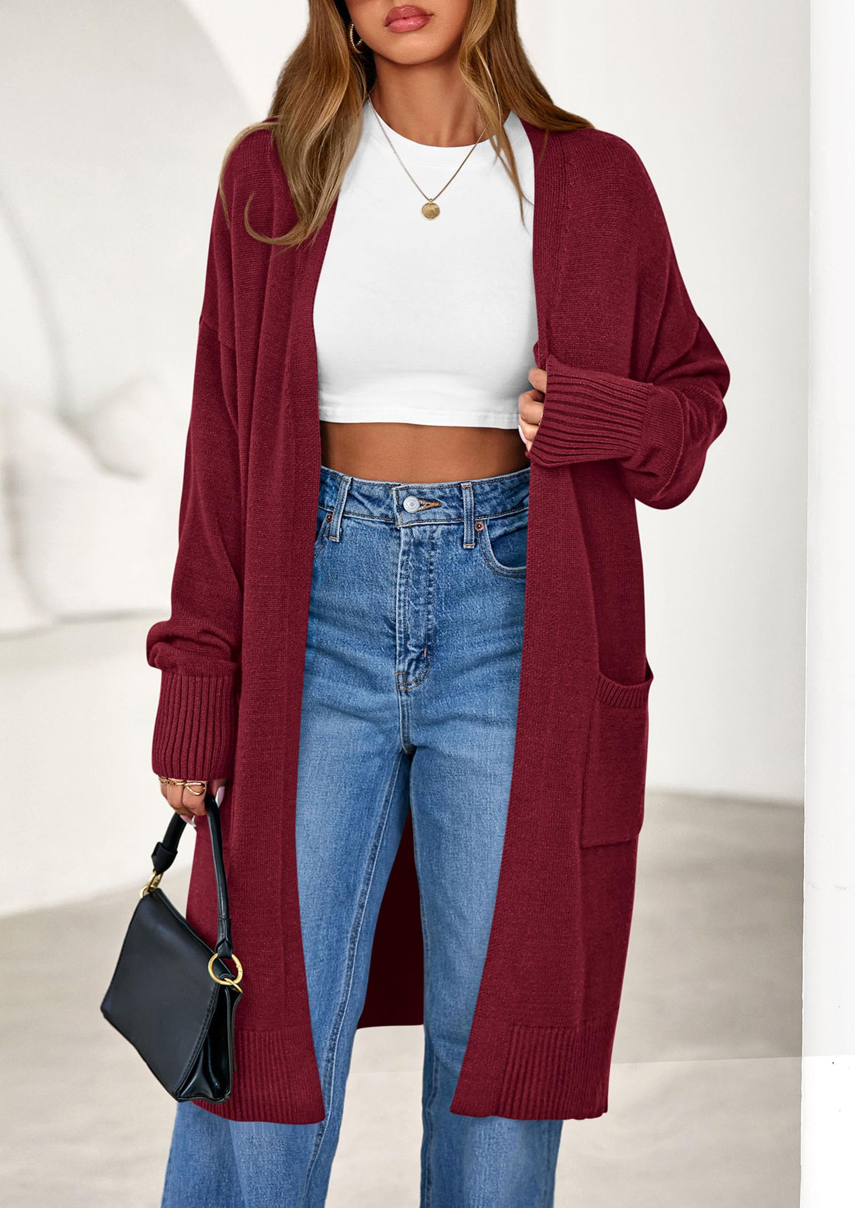 Women's Oversized Open Front Long Knit Cardigan,Burgundy,S