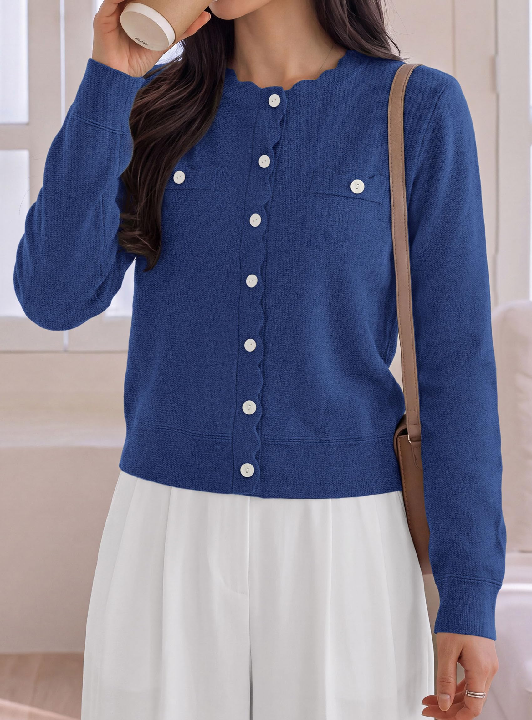 Womens Lightweight Cardigan Sweaters Scalloped Trim Fall Tops