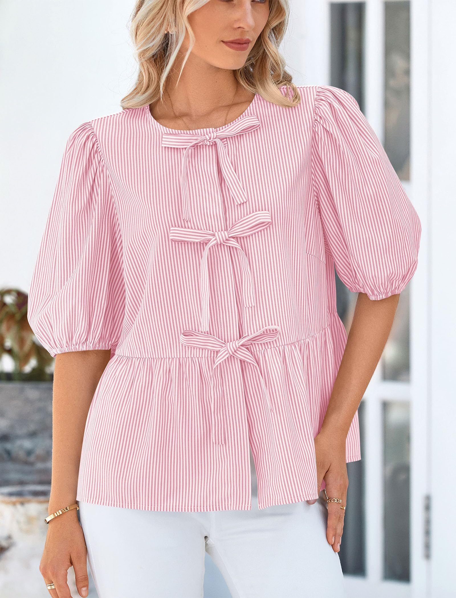 Women Striped Tie Front Babydoll Peplum Tops, Pink,S