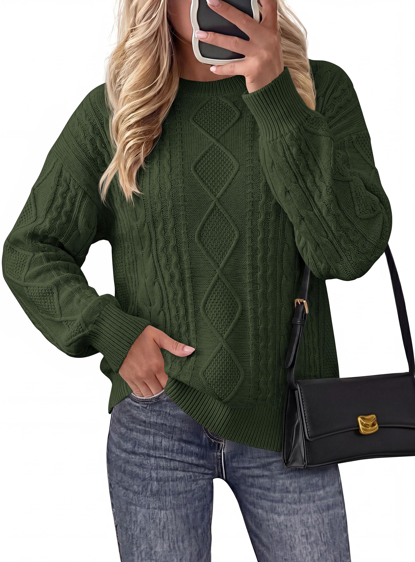 Women's Crewneck Cable Knit Sweater Pullover Tops Army Green