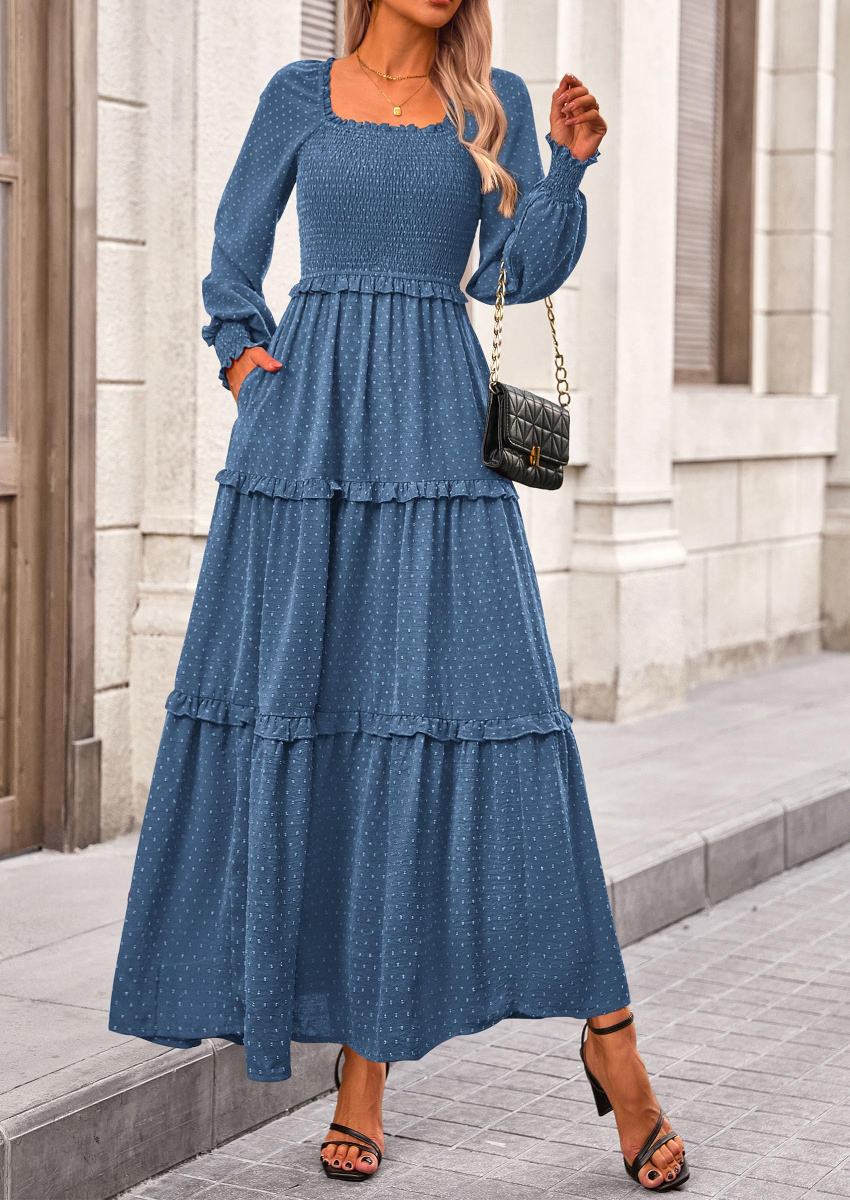 Women's Smocked Long Sleeve Maxi Dress Wedding Guest Dresses