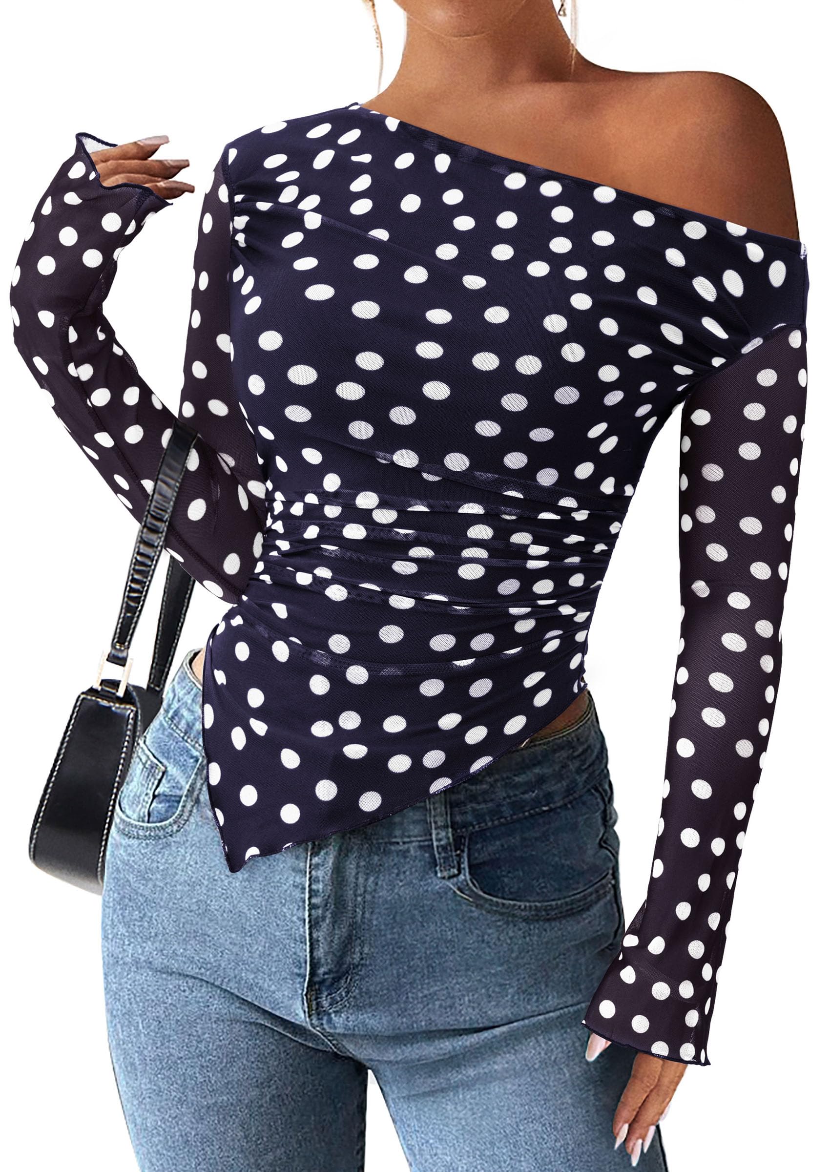 Womens Off Shoulder Mesh Y2k Tops,Dot Navy Blue White,XS