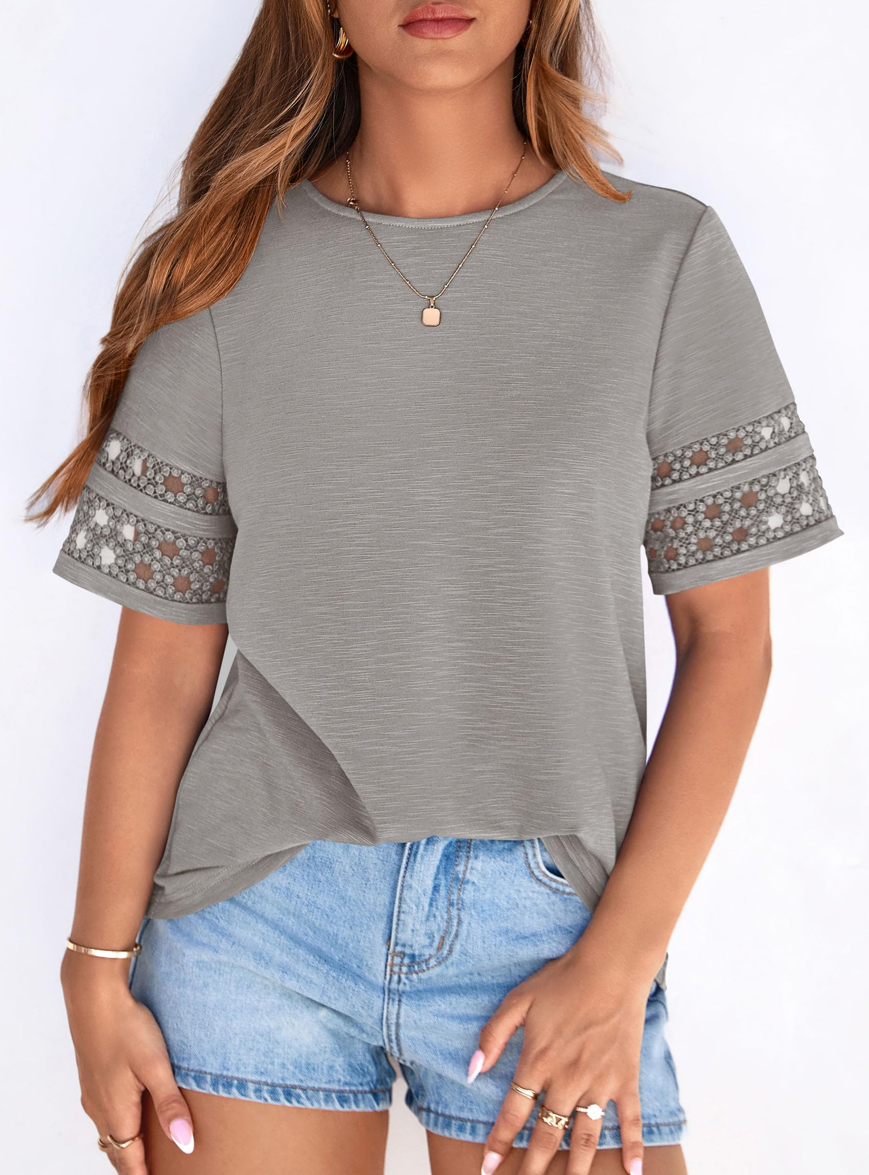 Women's Summer Short Sleeve Lace Trim T-Shirts,Grey,S