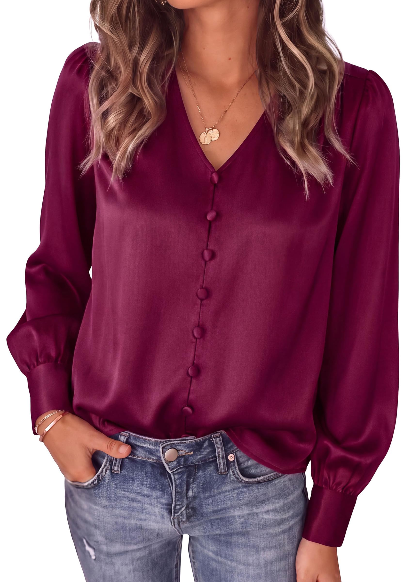 Womens Long Sleeve Satin Blouses Silk Business Casual Outfits
