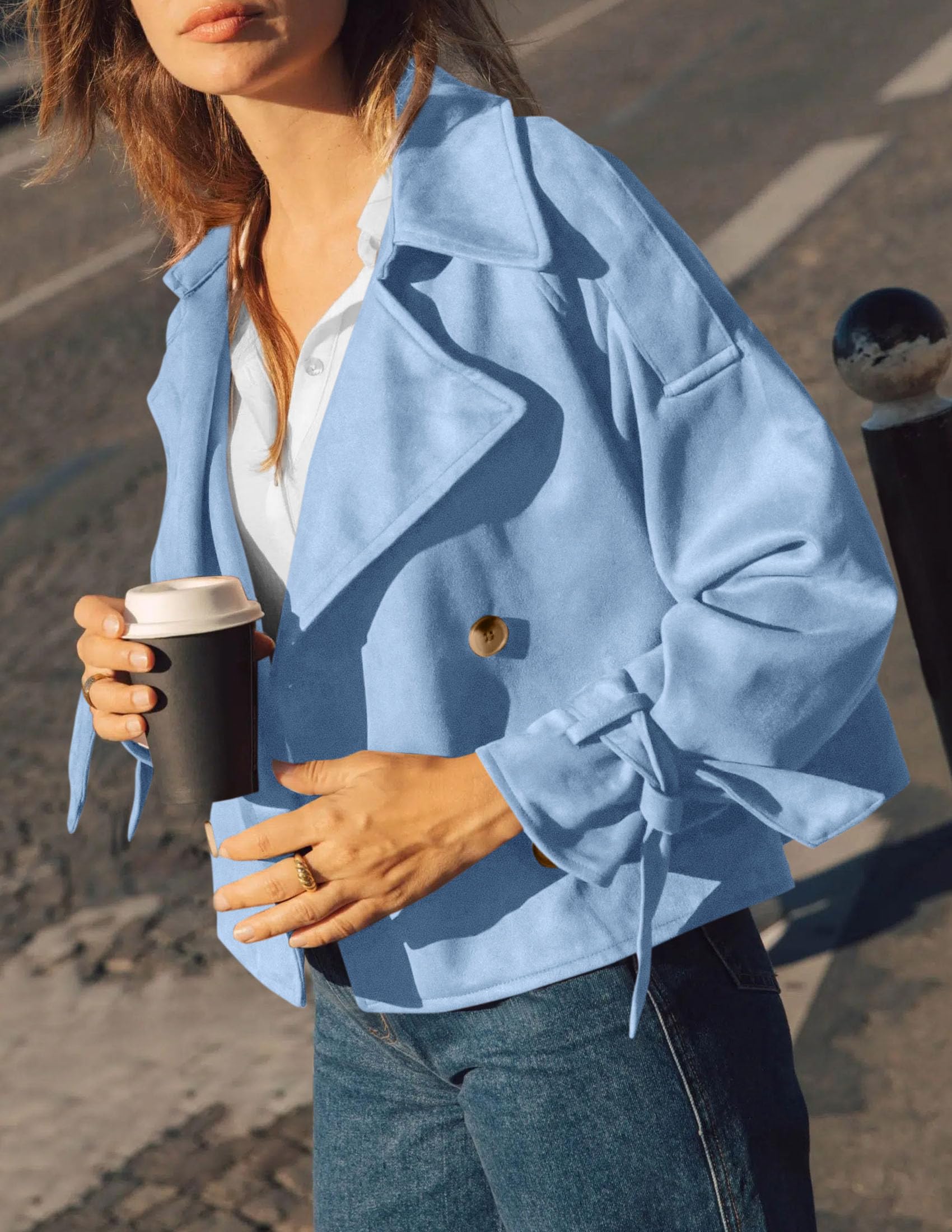 Women Faux Suede Double Breasted Trench Coat Cropped Jackets