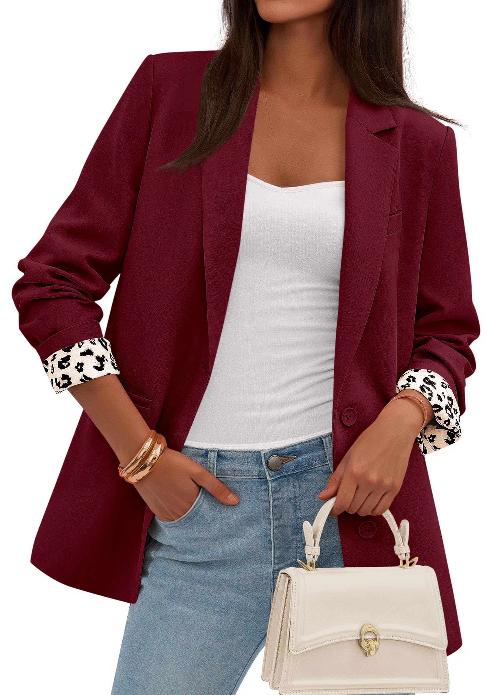 Womens Open Front Leopard Blazers Suit Jackets,Burgundy,S