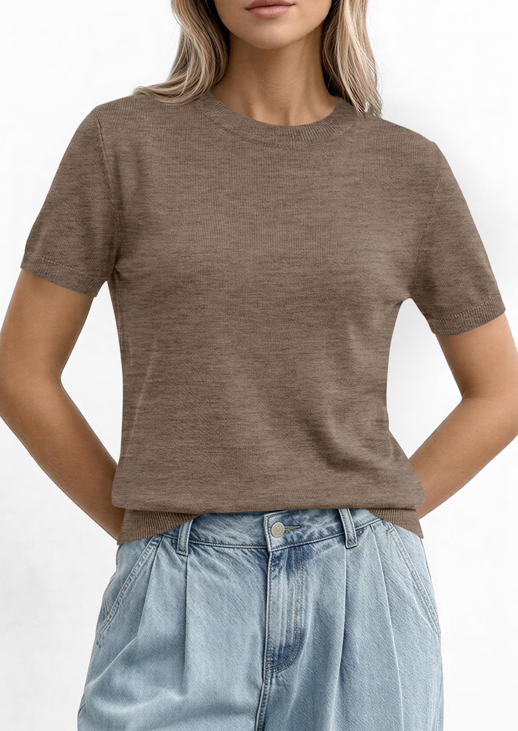 Women's Short Sleeve Sweaters Summer Tops,Khaki,S