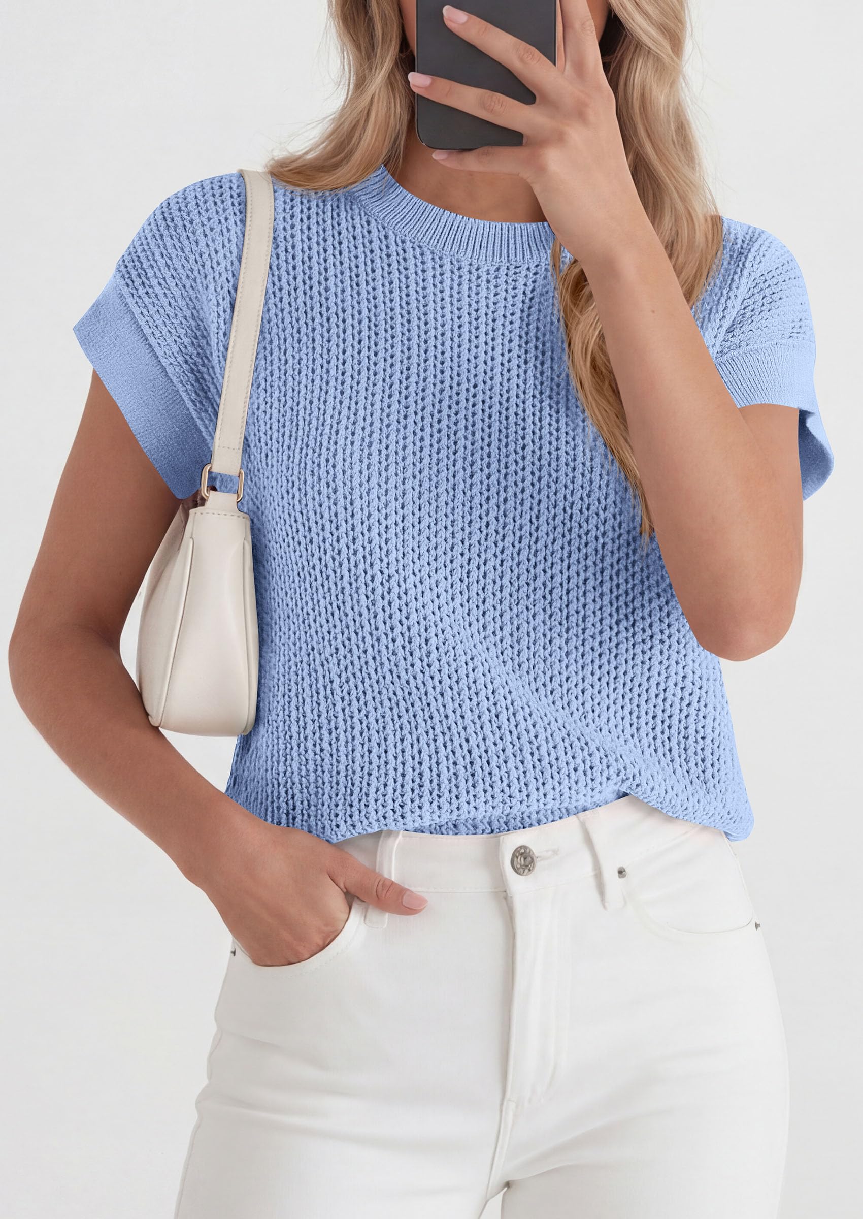 Women's Summer Sweater Vest Crochet Tops (Light Blue,S)