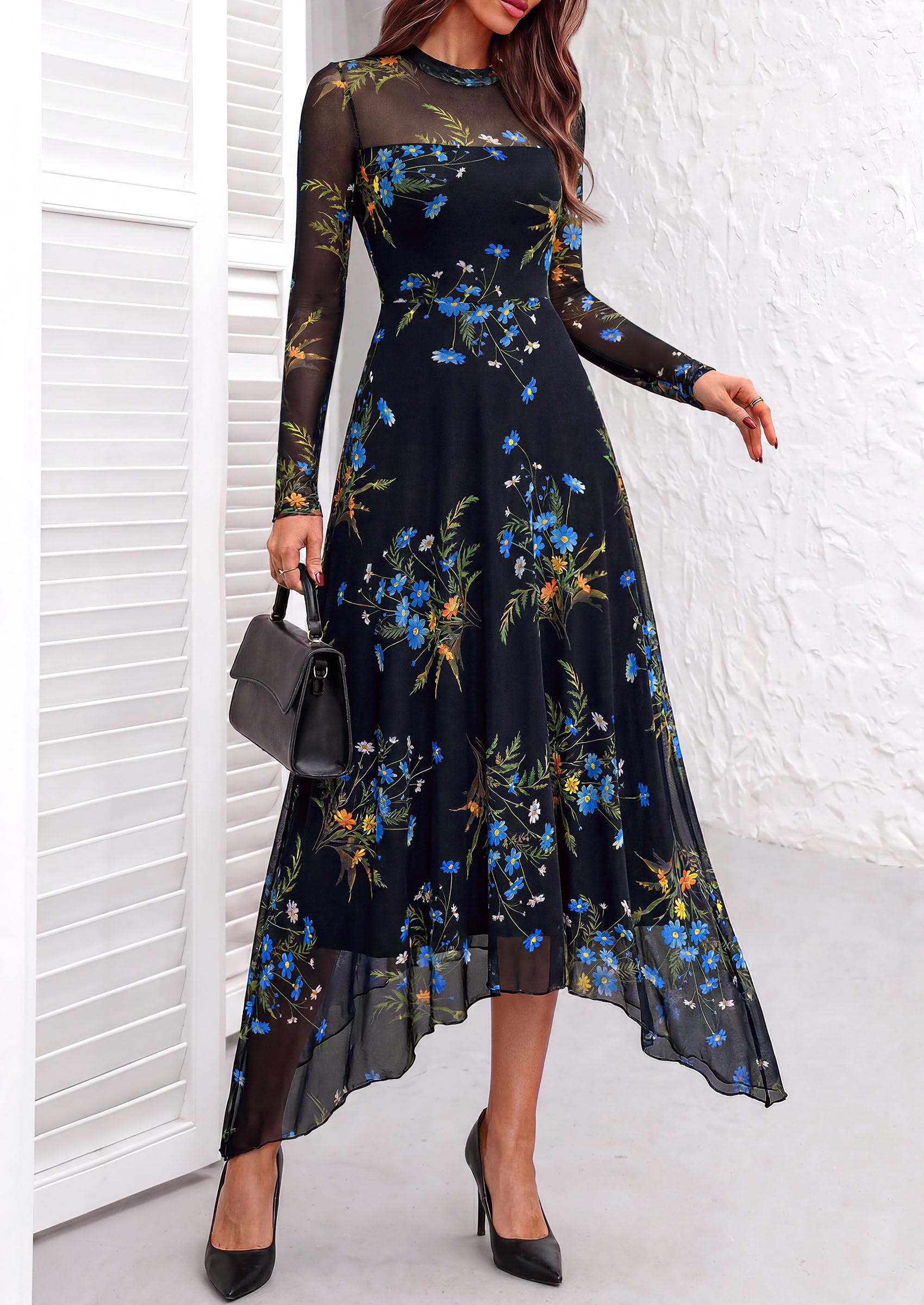 Women's Floral Mesh Midi Dress,Floral Black Blue Yellow,S