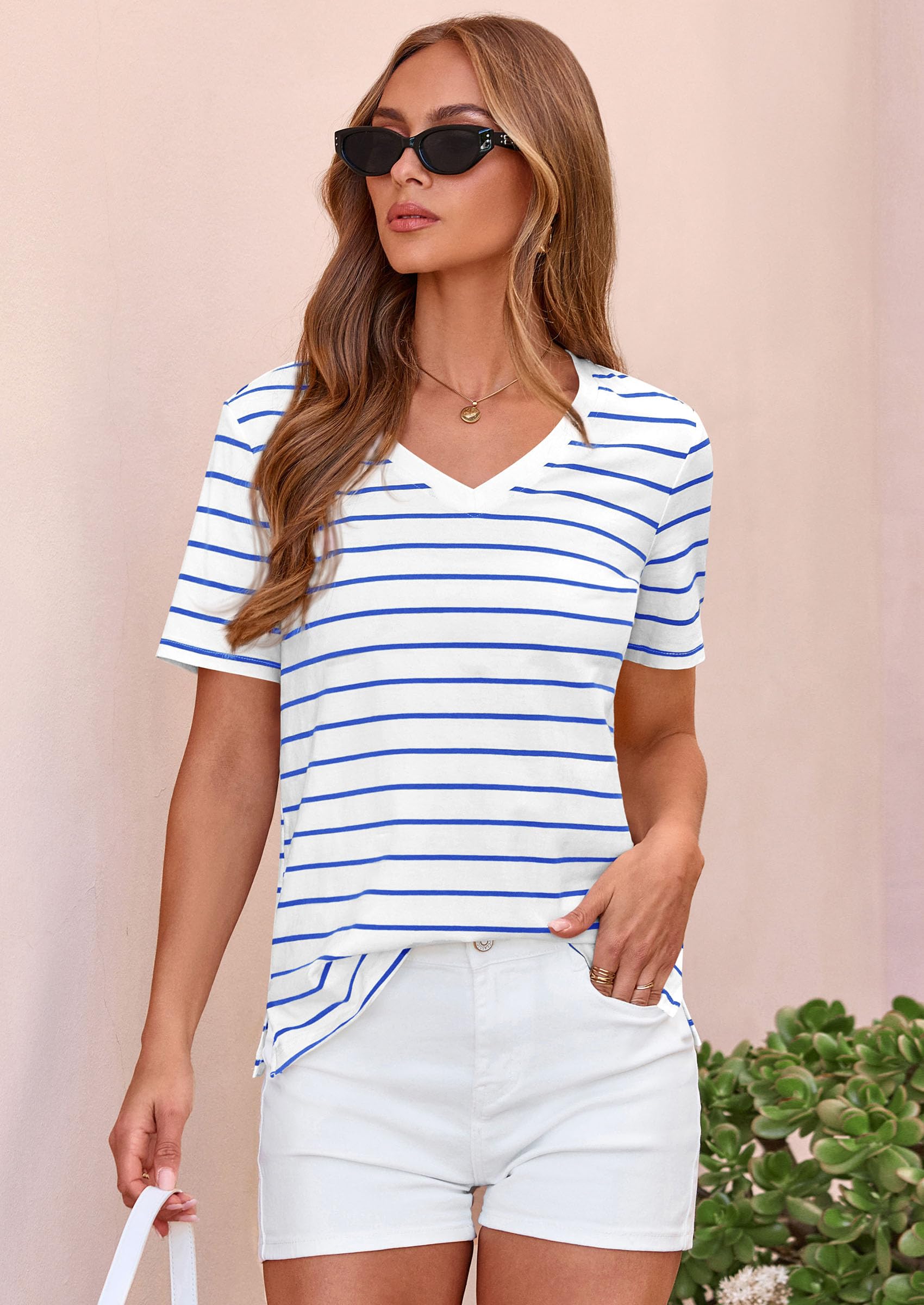 Striped Short Sleeve Womens Tops,Striped White Blue,M