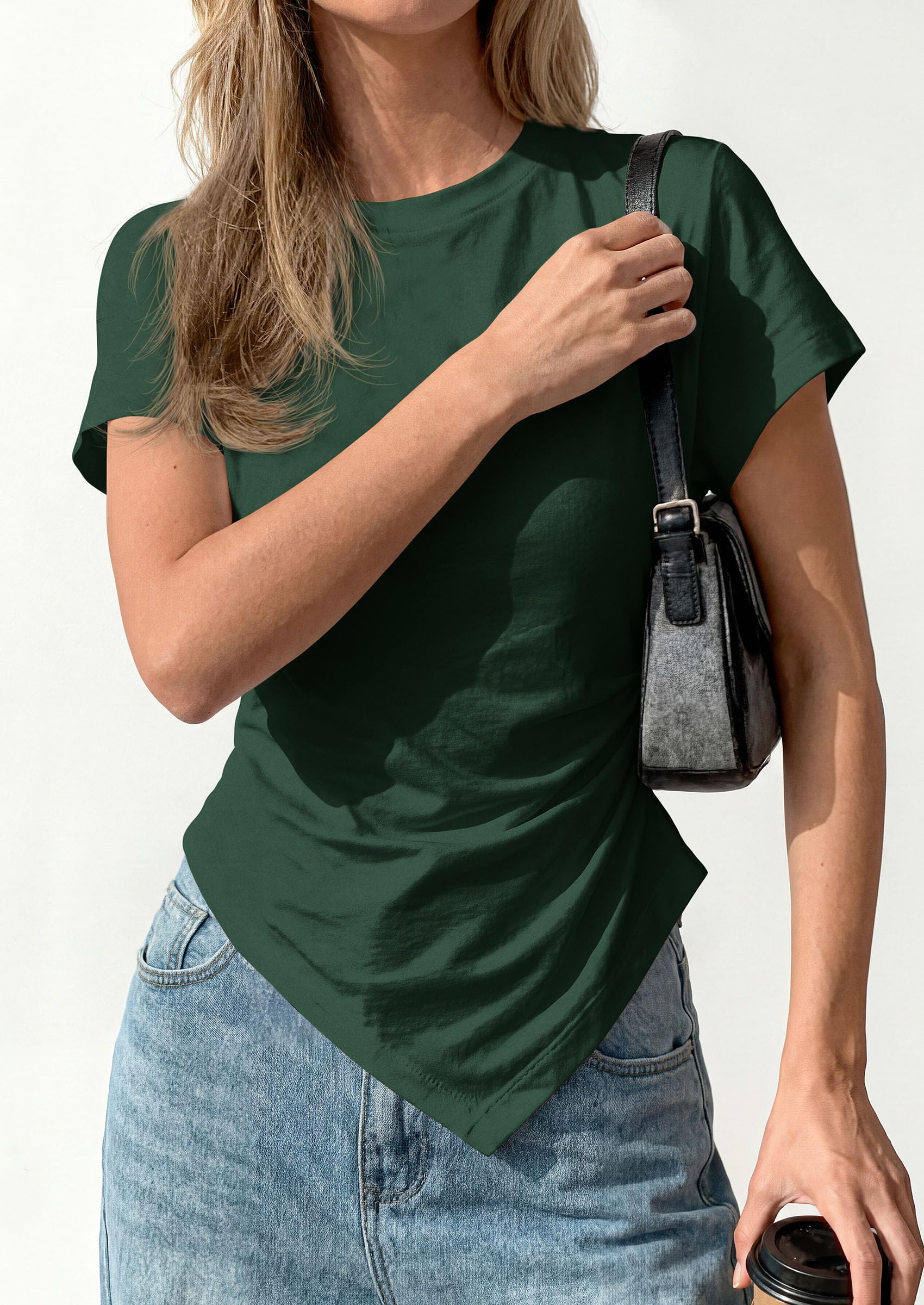 Womens Asymmetrical Summer Short Sleeve Tops,Dark Green,XS