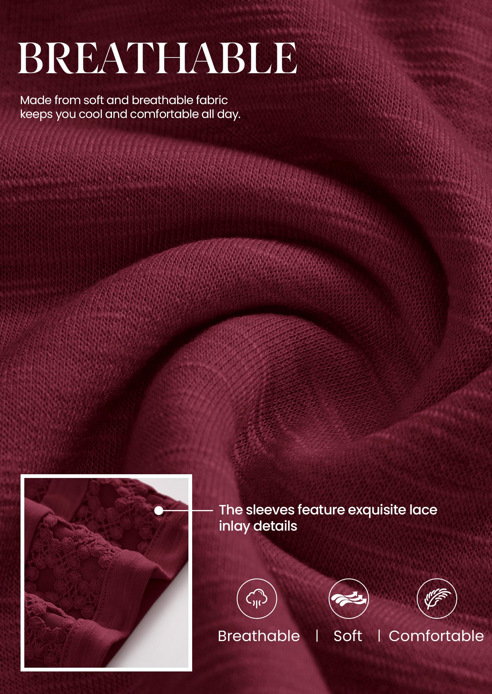 Women's Summer Short Sleeve Lace Trim T-Shirts,Burgundy,S