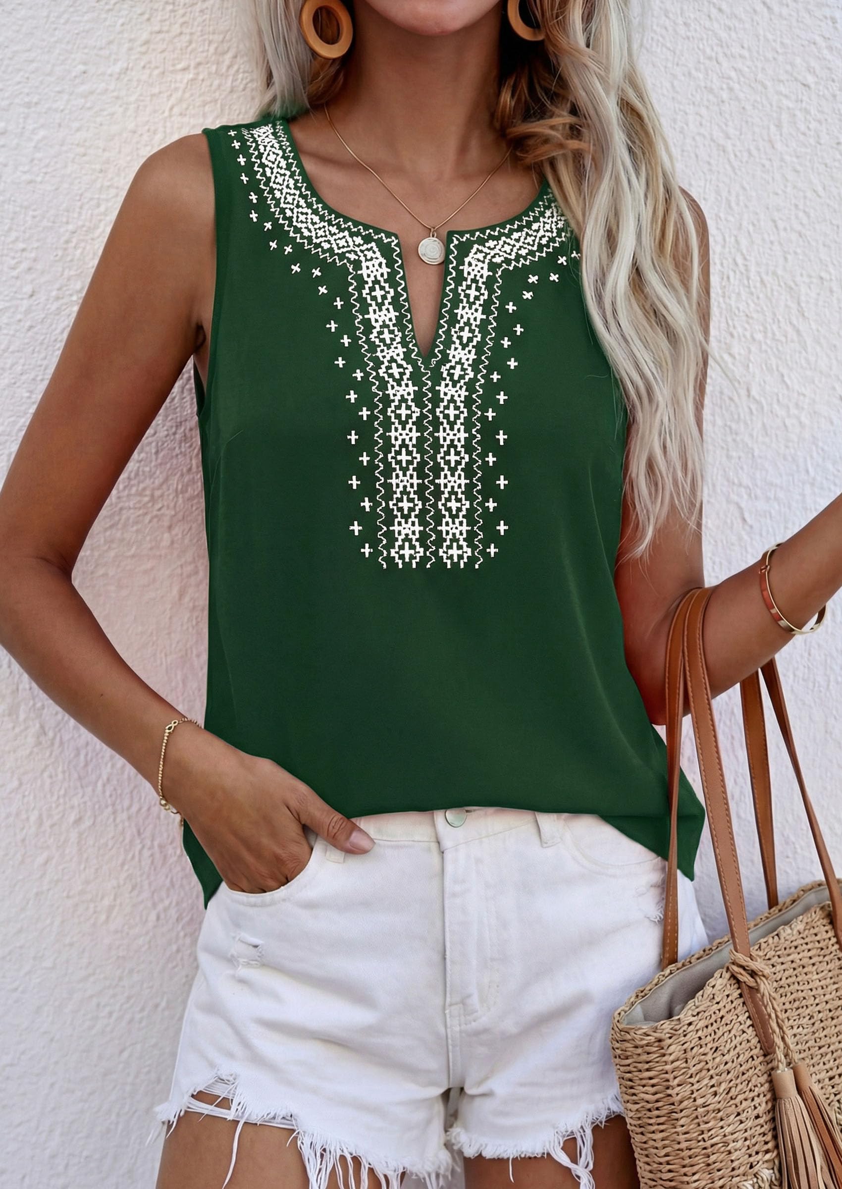 Womens Embroidered Sleeveless Tank Tops Dark Green,S