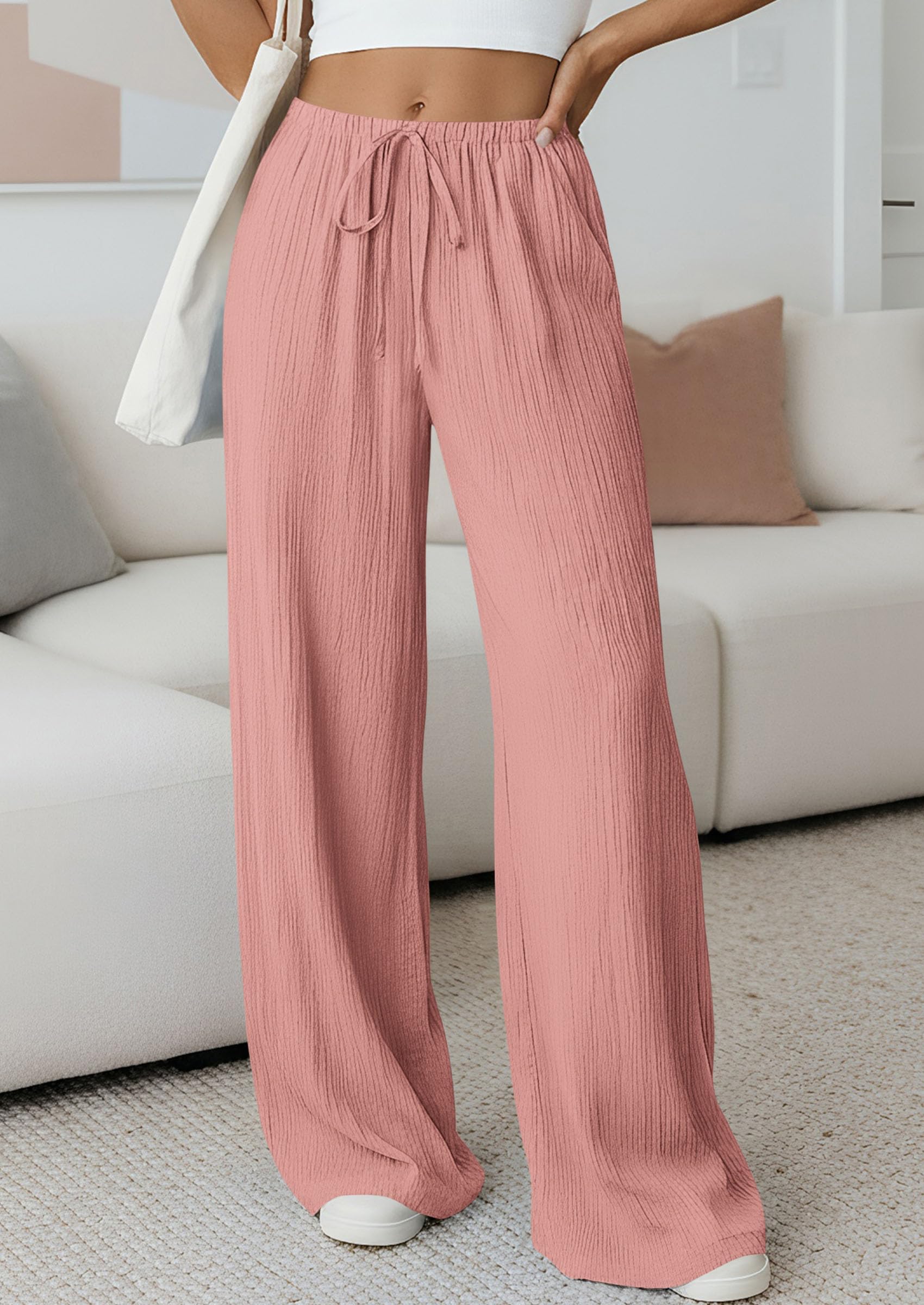 Women's Palazzo Pants Casual Wide Leg Trousers,Pink,S