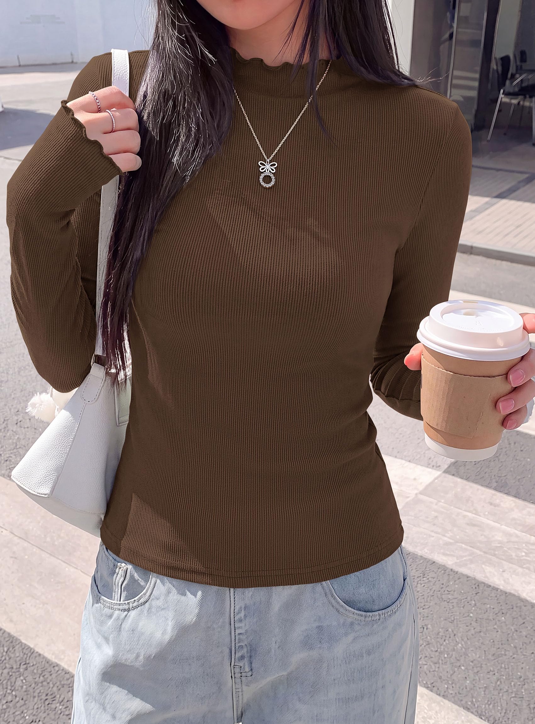 Women's Long Sleeve T Shirts Lettuce Trim Mock Neck Tops