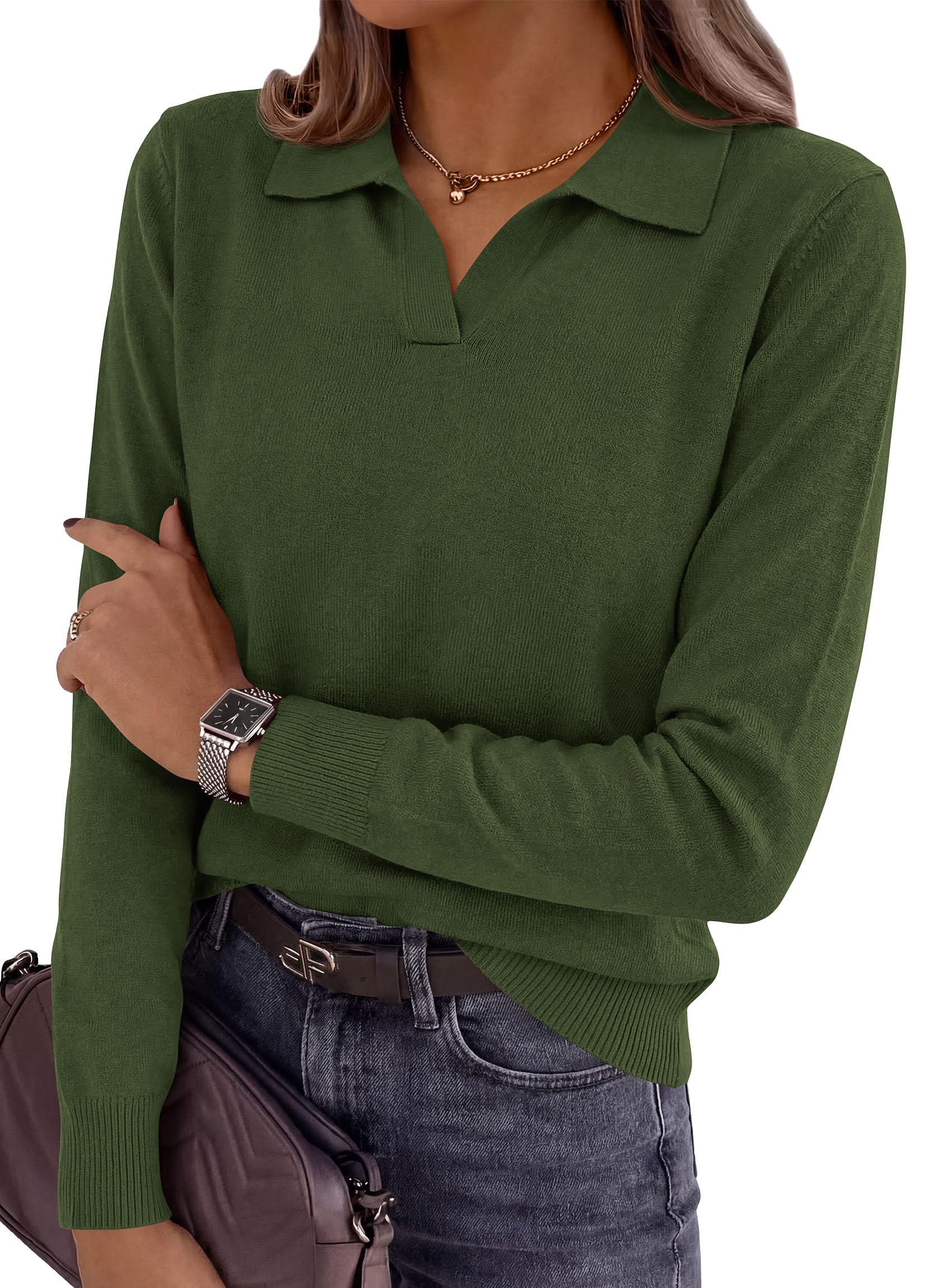 Womens Long Sleeve Collared Polo Sweater,Army Green,S