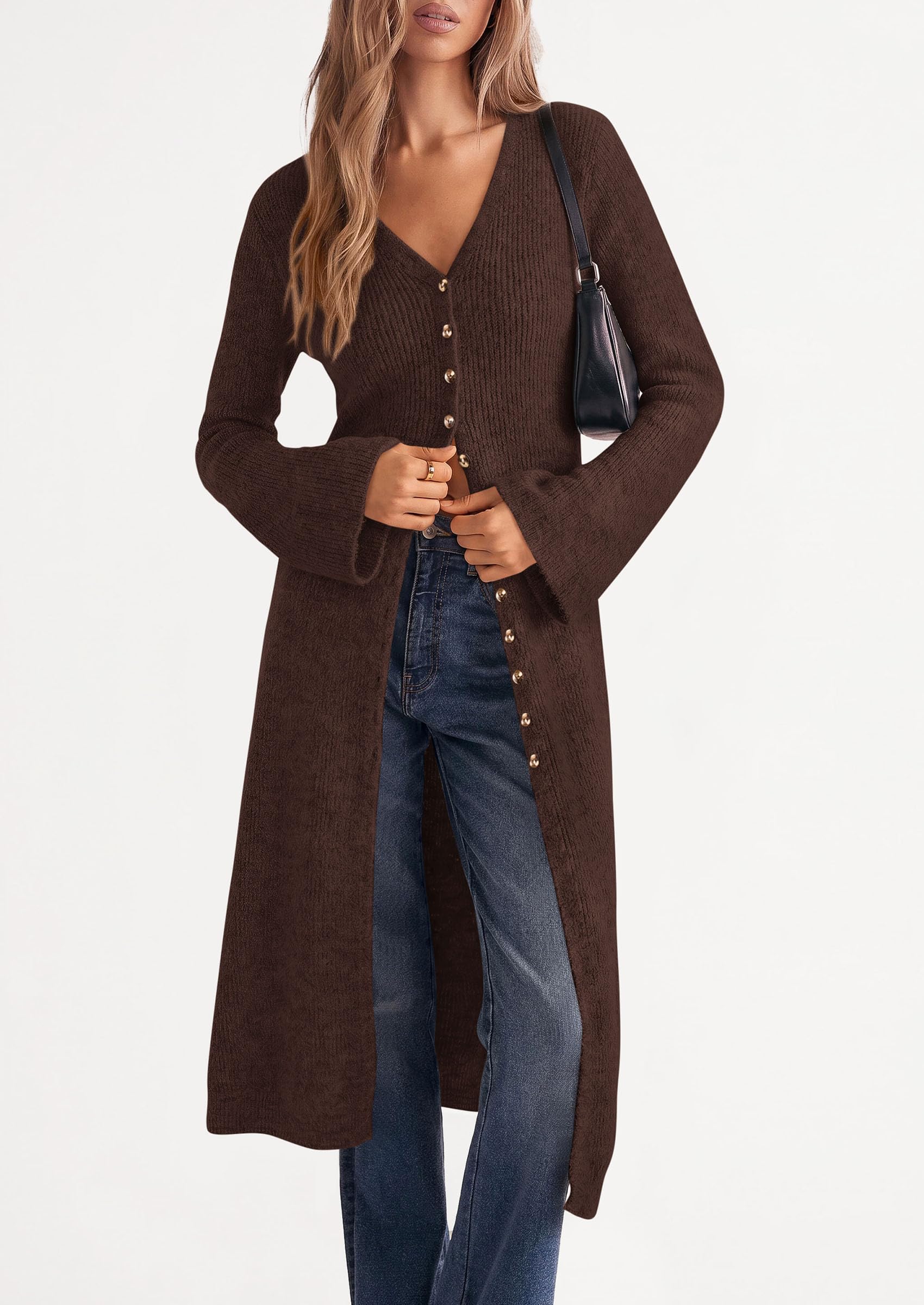 Women Long Cardigan Bell Sleeve Sweater Dress (Brown,S)