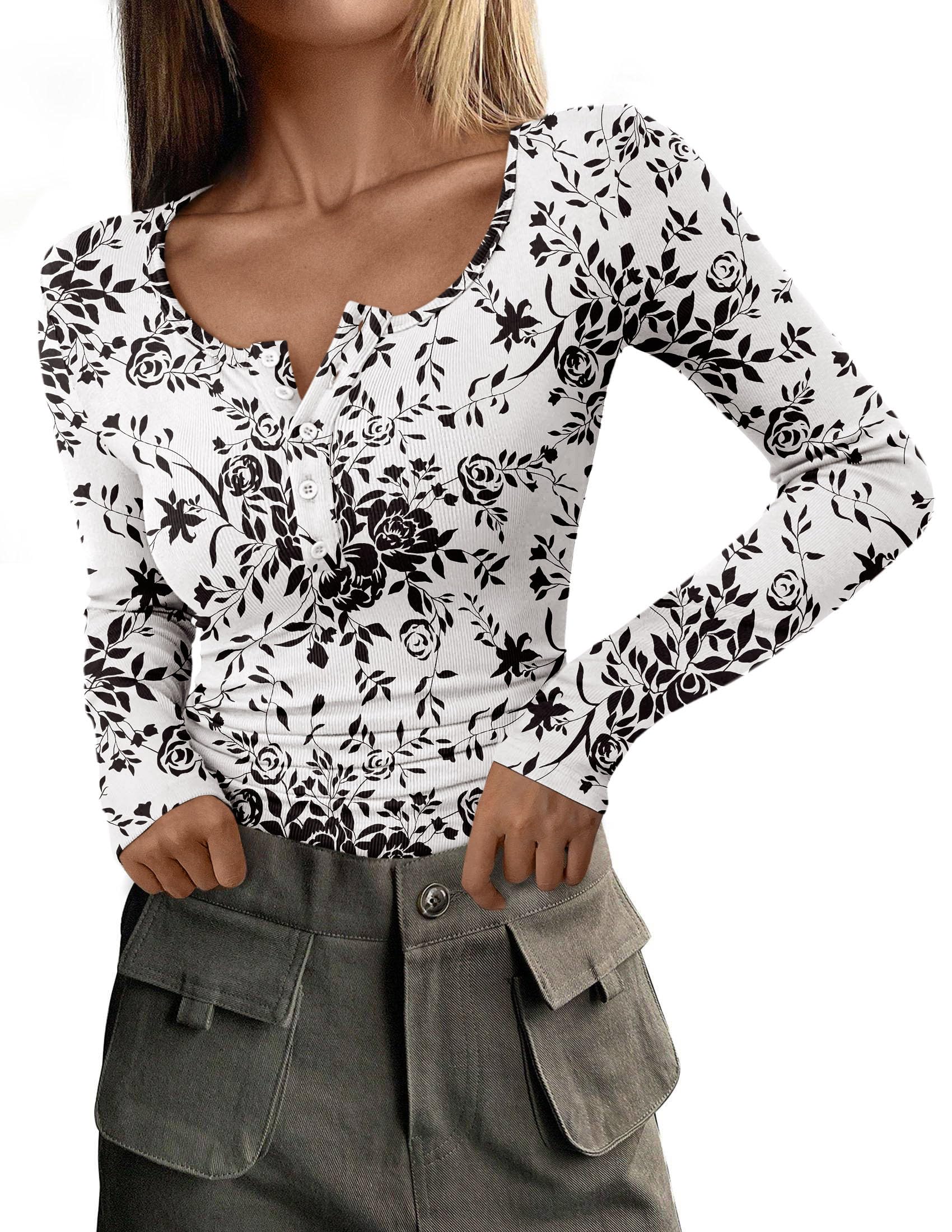 Women's Fall Long Sleeve Henley T Shirts Floral Black