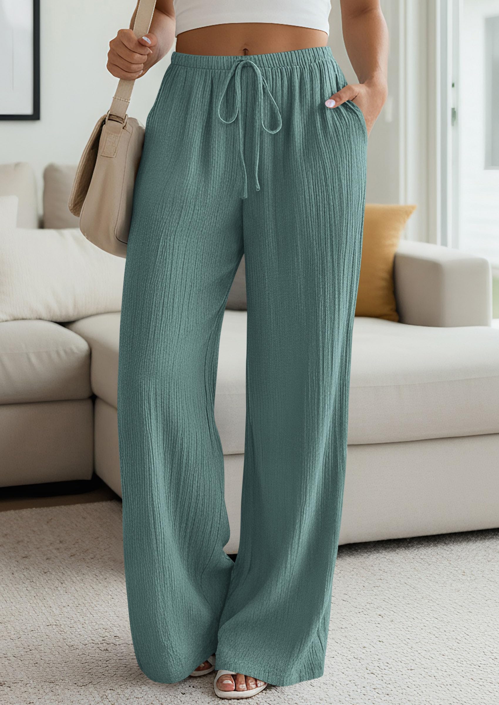 Women's Palazzo Pants Casual Wide Leg Trousers,Blue Green,S