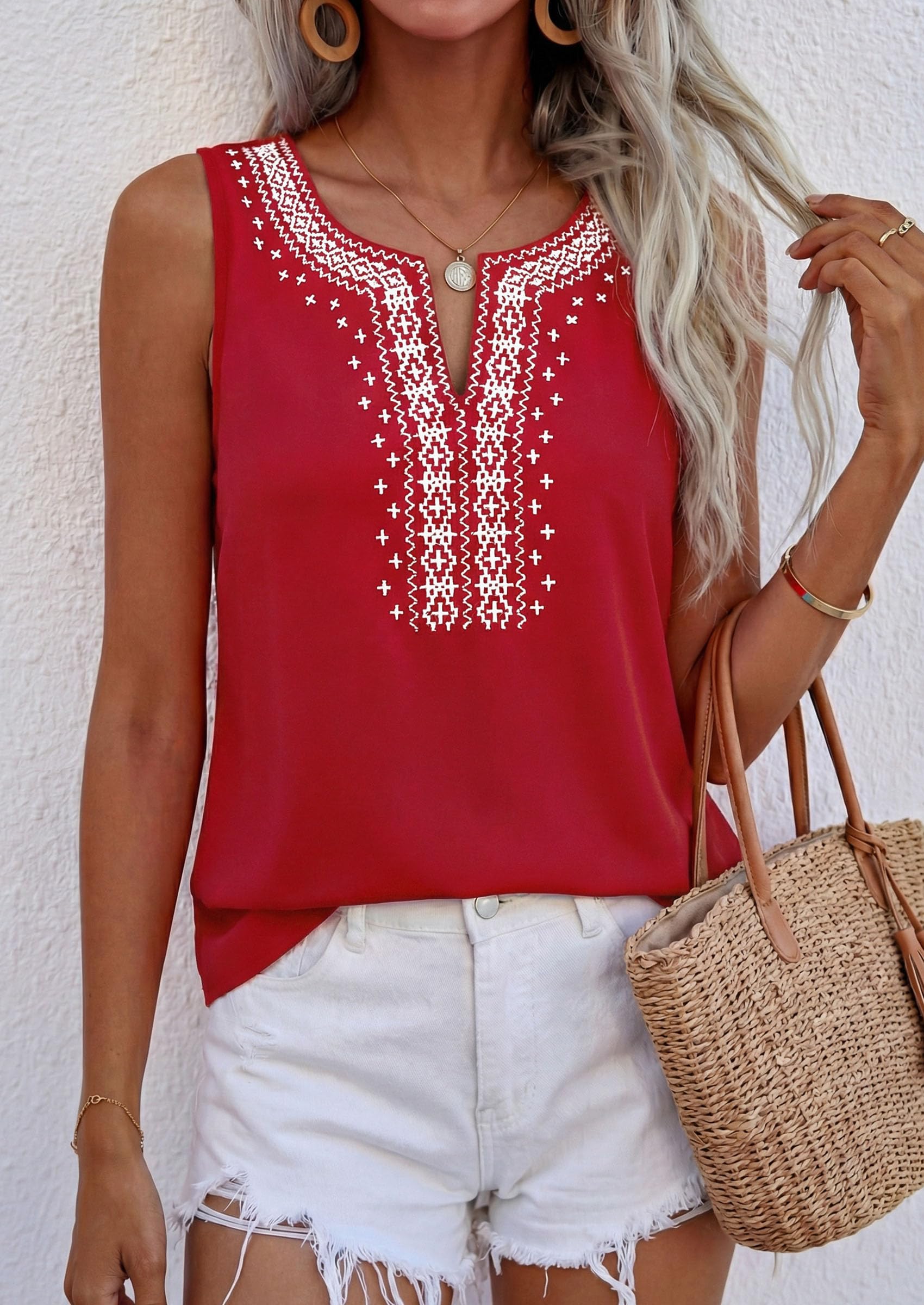 Womens Embroidered Sleeveless Tank Tops Red,S