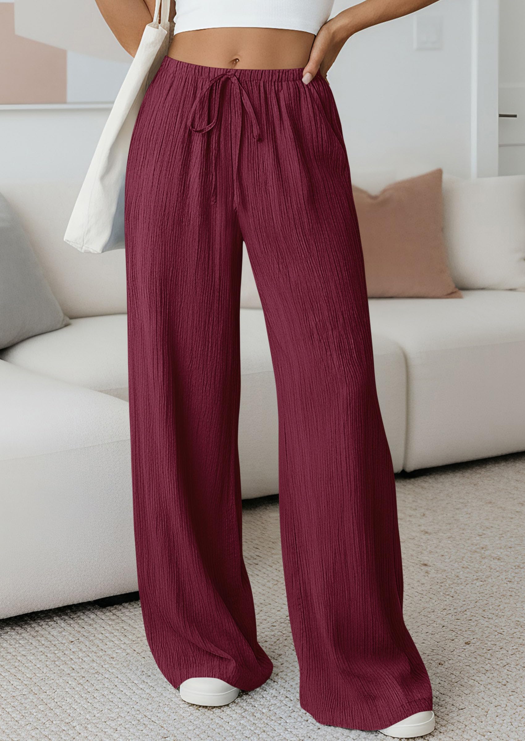 Women's Palazzo Pants Casual Wide Leg Trousers,Burgundy,S