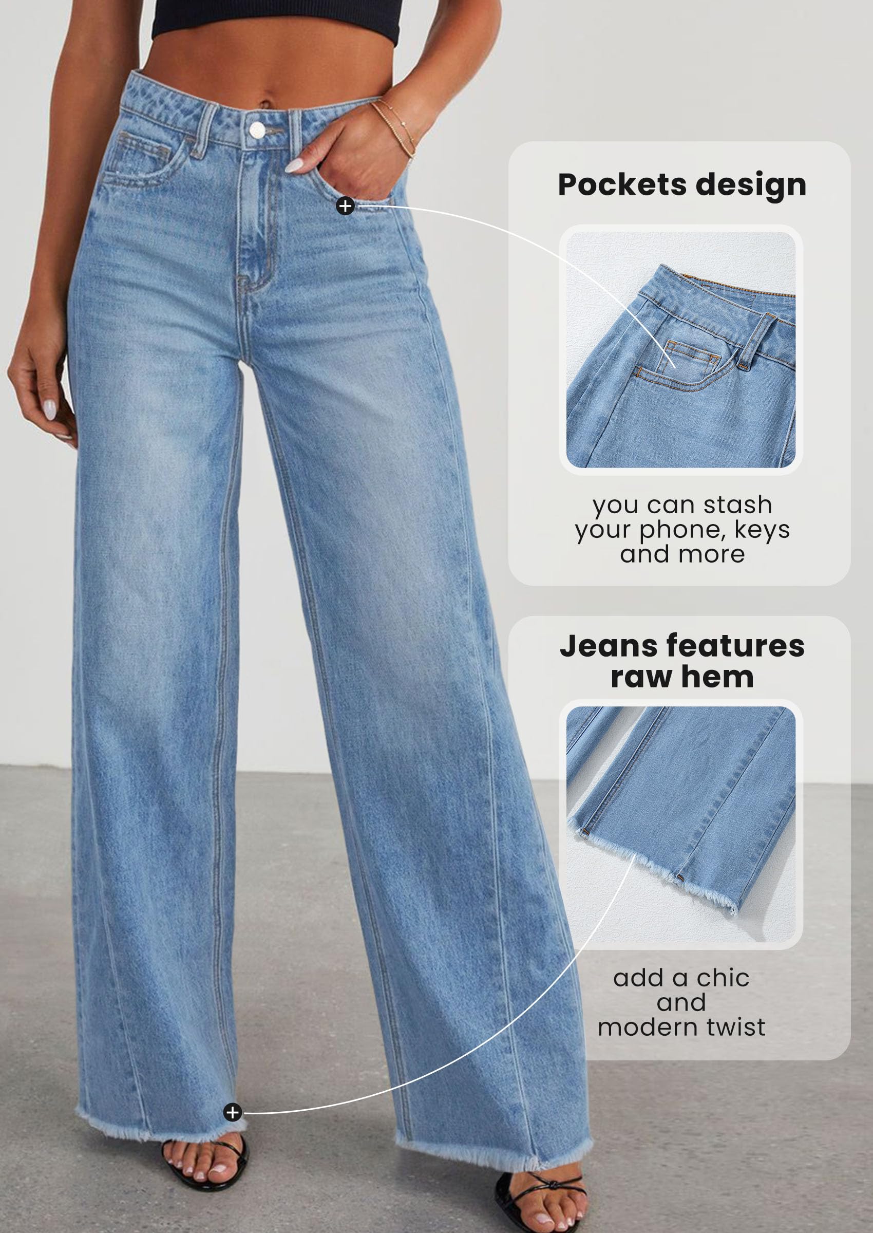 Women's Wide Leg Jeans Raw Hem Denim Pants,Light Blue,16