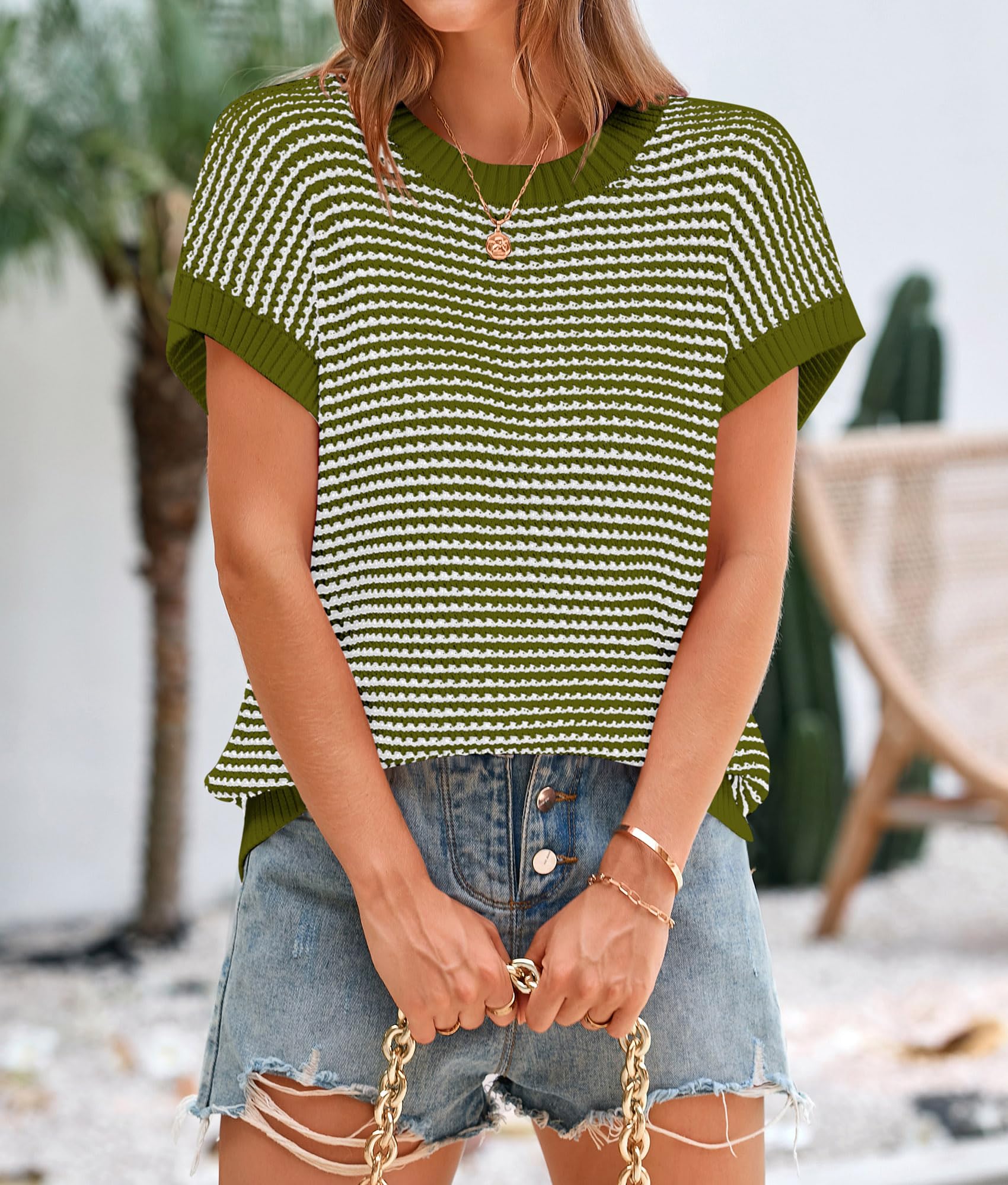 Women's Striped Short Sleeve Sweater Vest Army Green,S