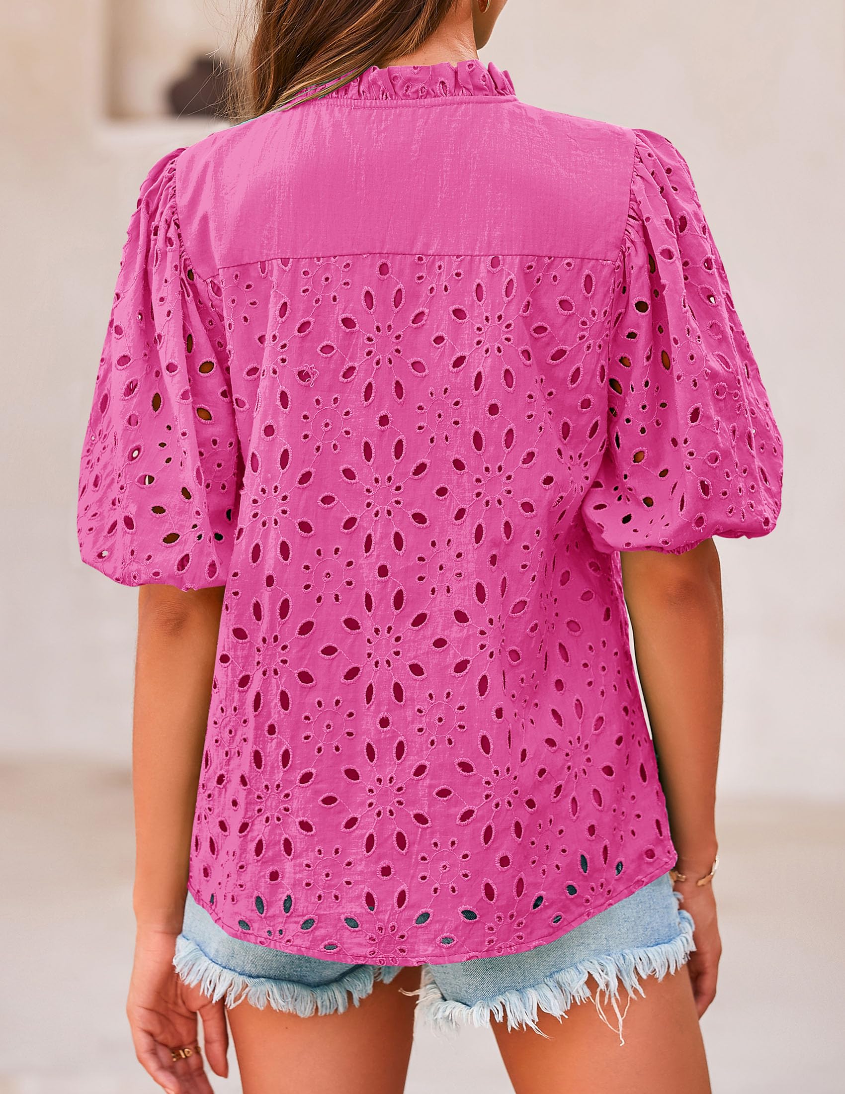 Womens Tops Boho Eyelet Puff Sleeve Blouse, Rose Pink,S