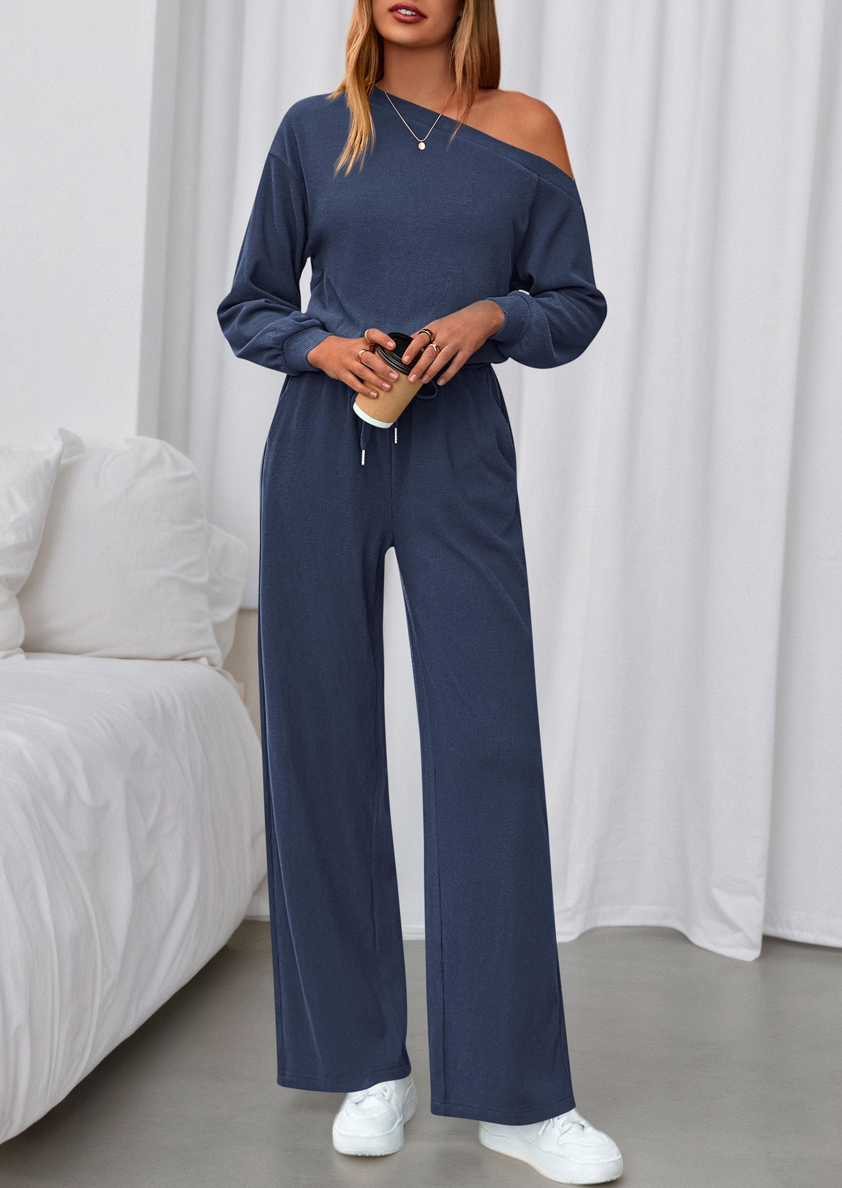 Womens Off Shoulder Long Sleeve Jumpsuit,Navy,M