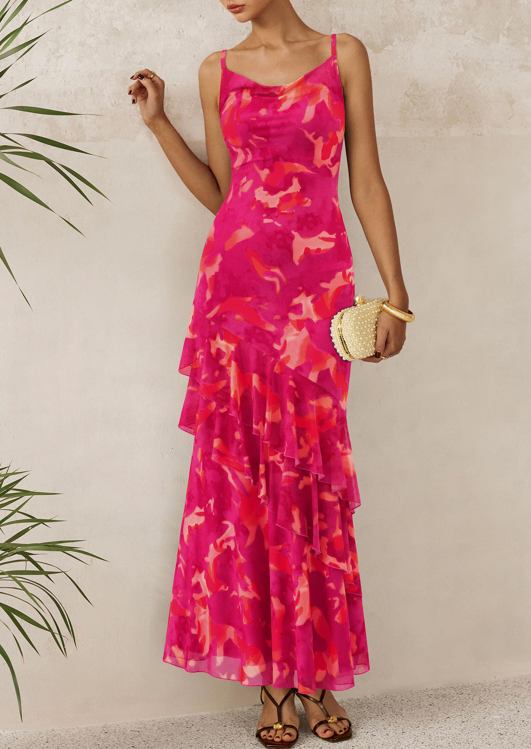 Women's Boho Floral Tiered Maxi Dress, Floral Rose Red,XS