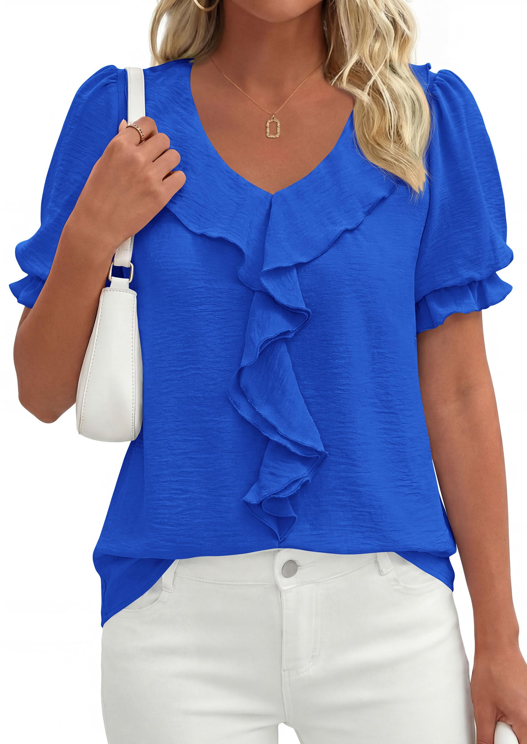 Women's Summer Ruffle Dressy Casual Blouses (Blue,S)